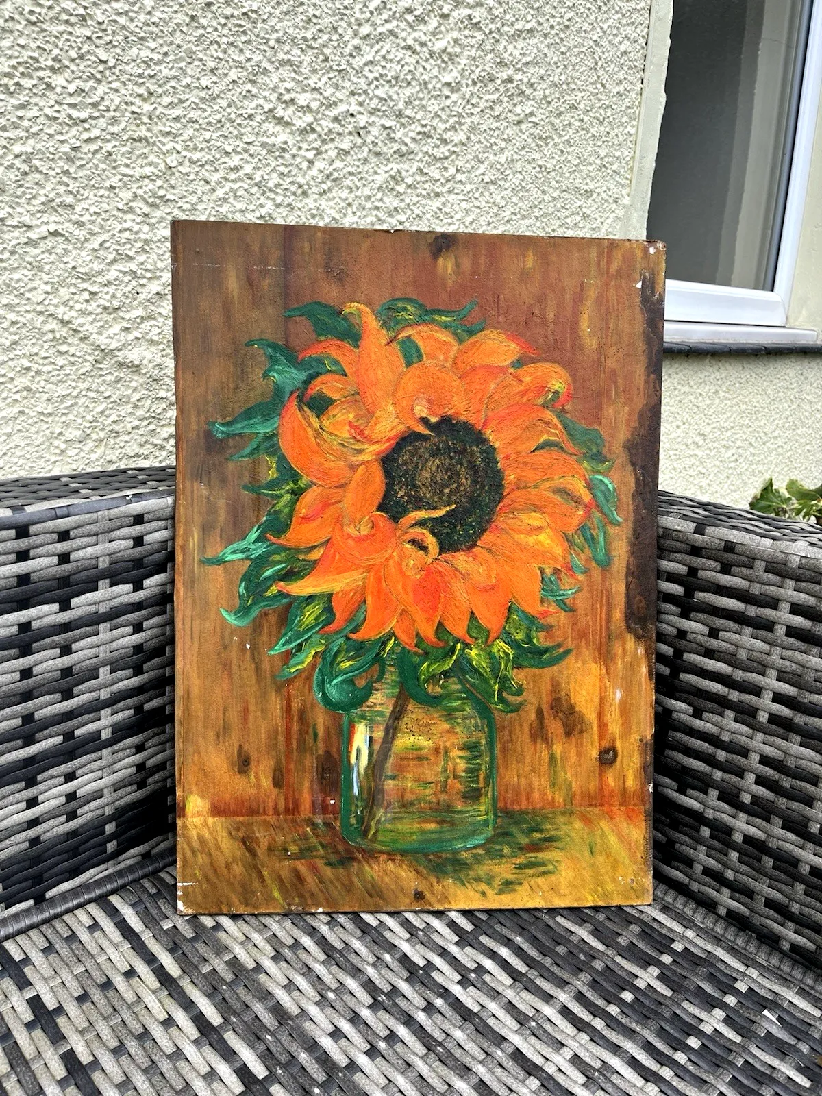 Vintage Original Floral Sunflower Still Life Oil Board Painting Van Gogh Style