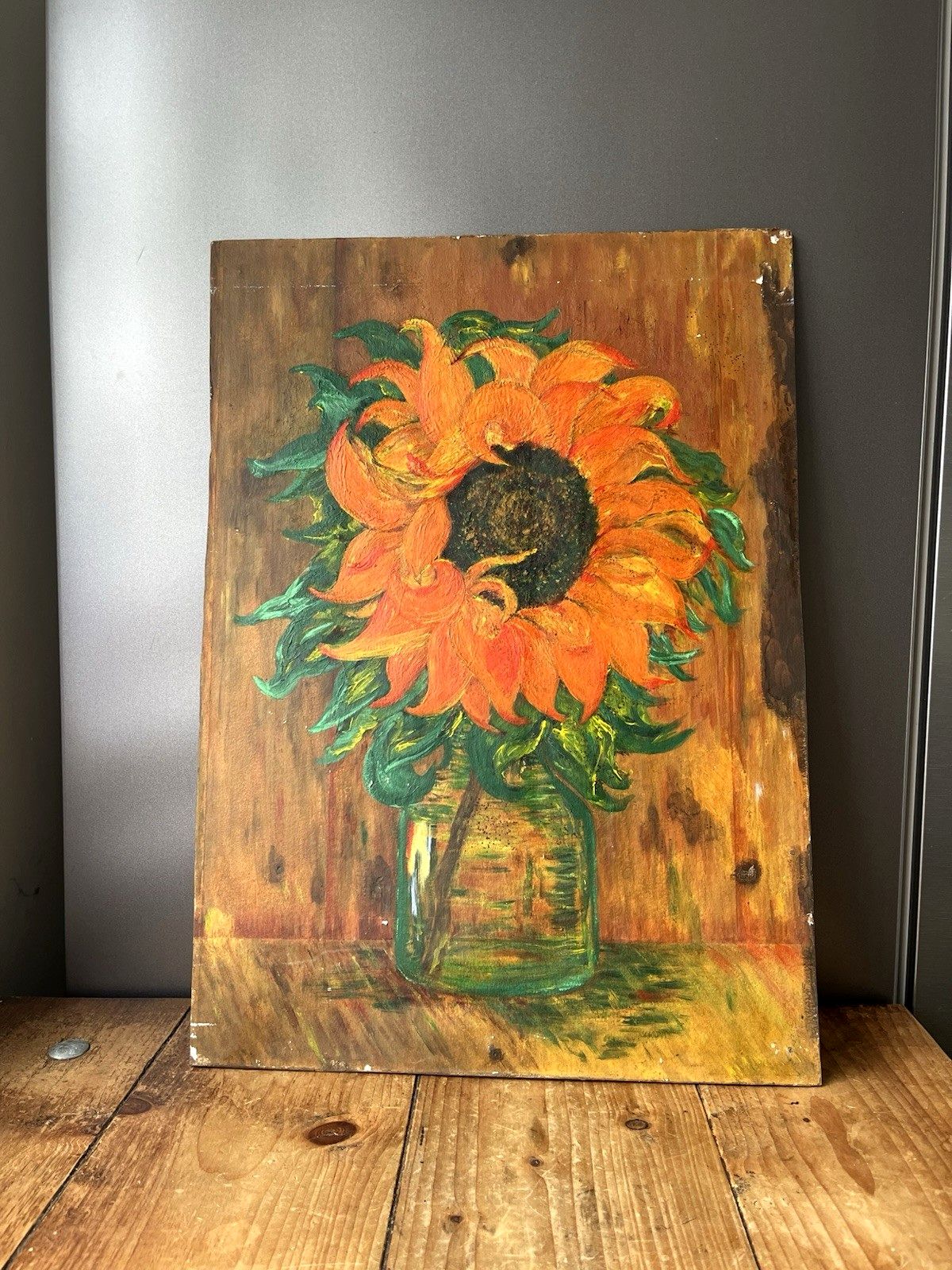 Vintage Original Floral Sunflower Still Life Oil Board Painting Van Gogh Style photo 150.0