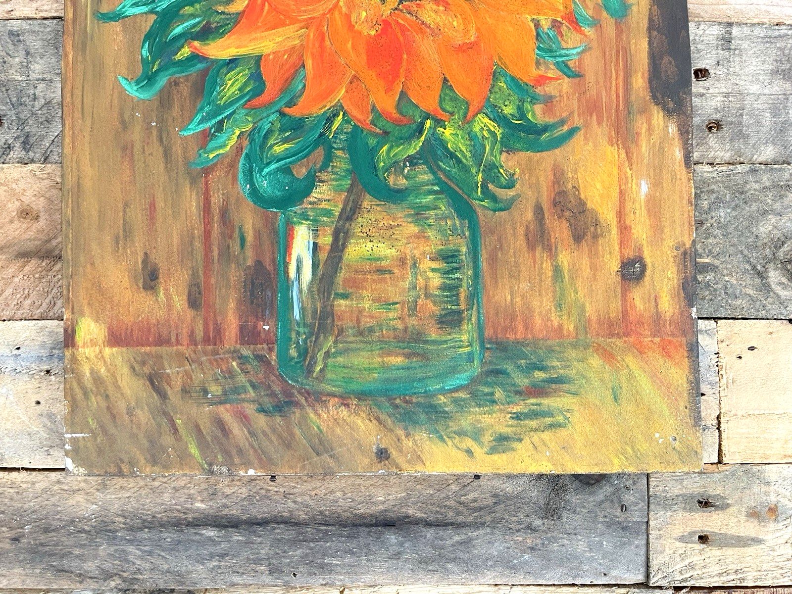 Art Vintage Original Floral Sunflower Still Life Oil Board Painting Van Gogh Style photo