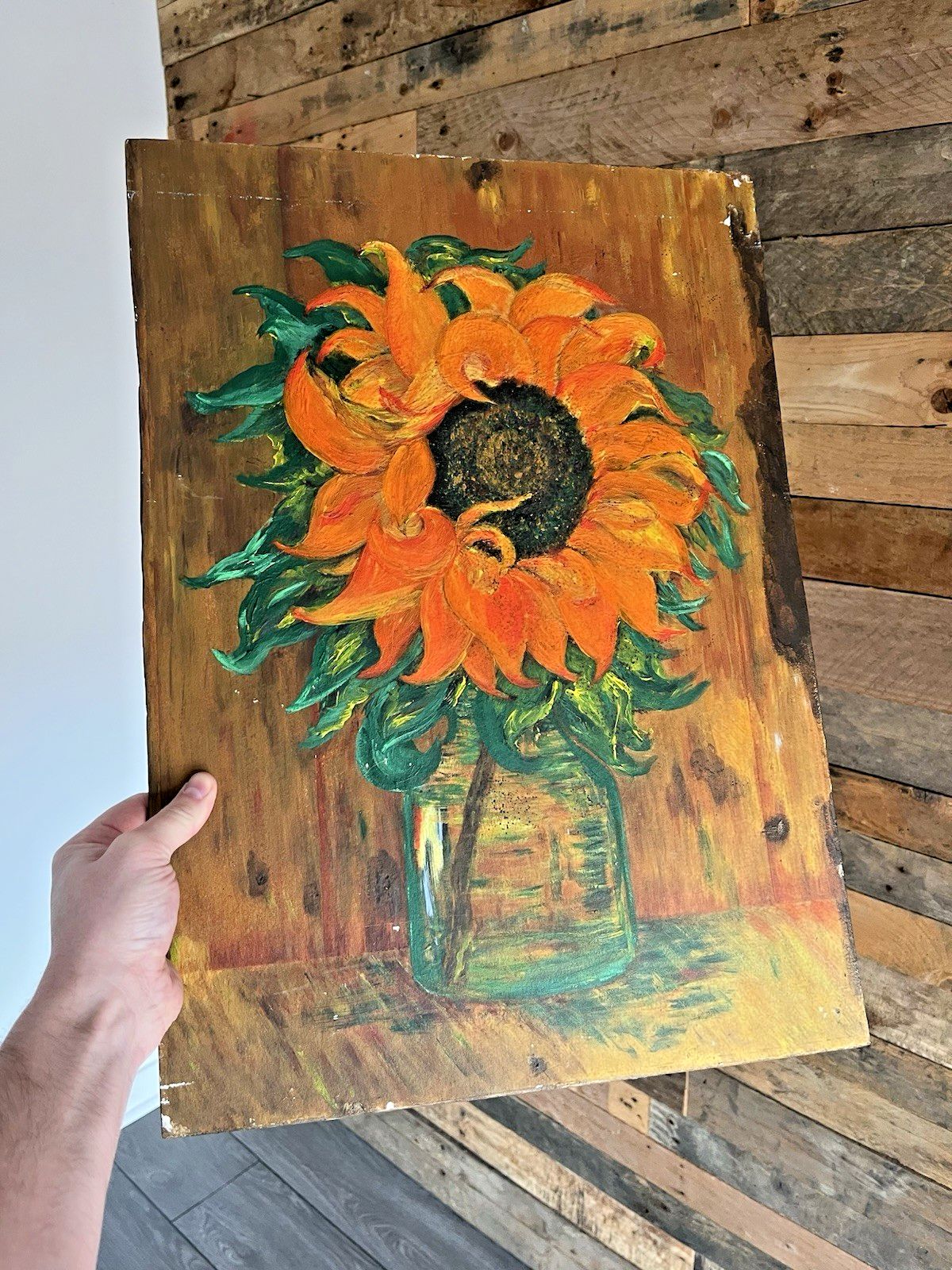 photo vinterior Vintage Original Floral Sunflower Still Life Oil Board Painting Van Gogh Style