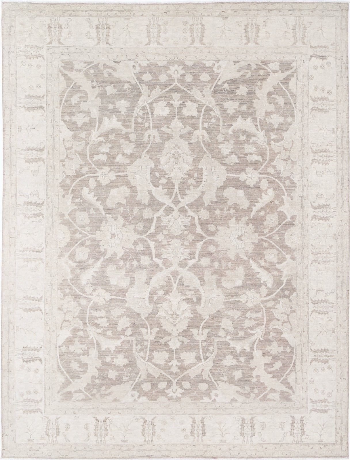 9x12 Ft Hand Knotted Ivory, Gray Wool Area Rug. Turkish Oushak Style Carpet