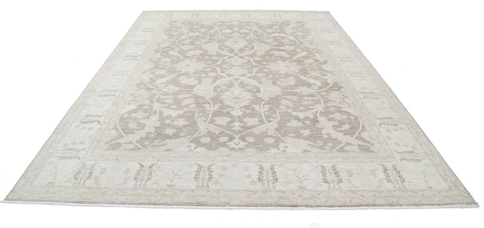 Tapis de sol noué à la main, ivoire et gris, en laine, 270 x 361 cm - style Oushak turc photo Textiles