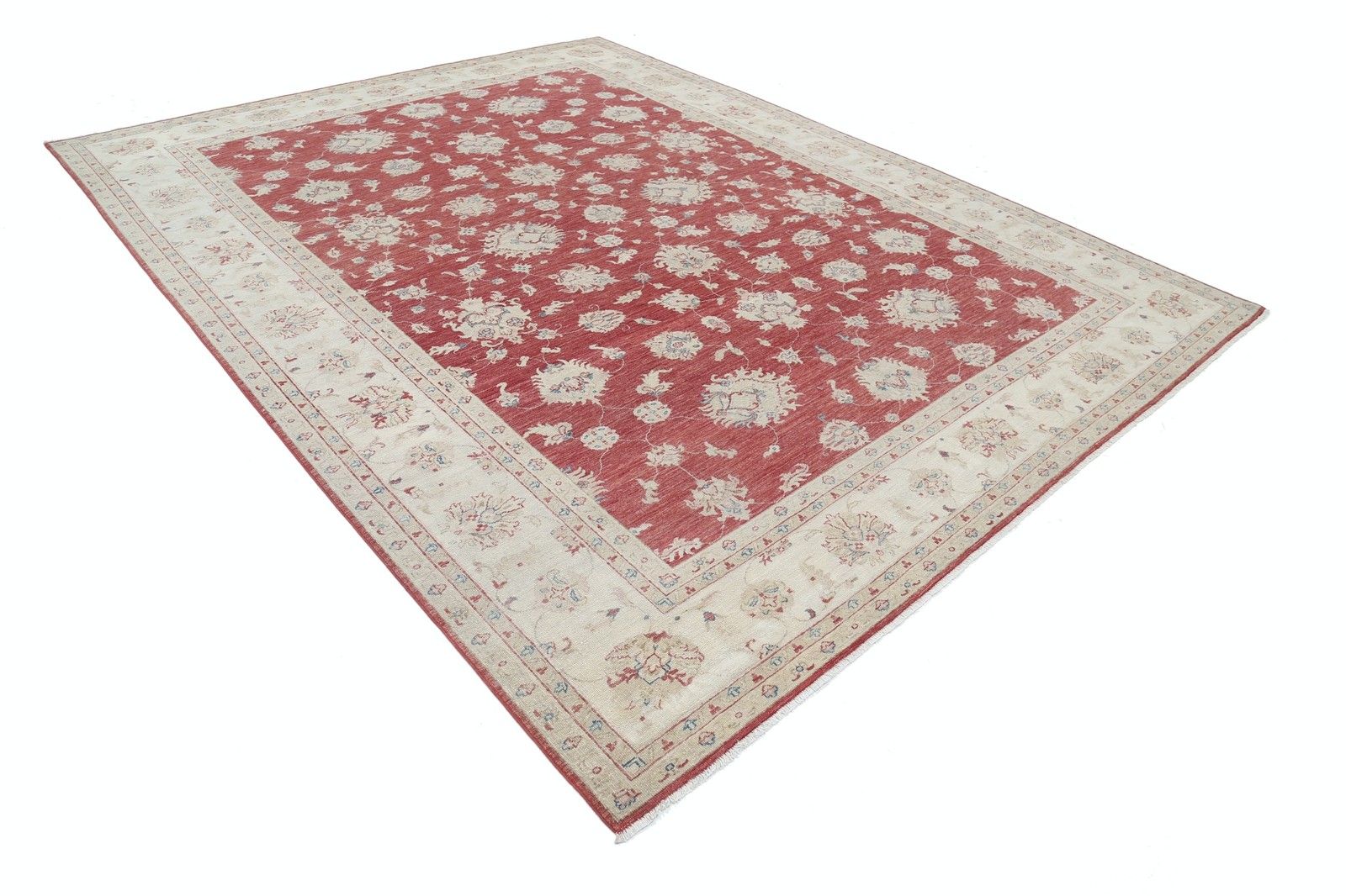 Handgeknoopt Bloemen Turks Vloerkleed 274 x 354 cm met Rood Veld en Ivoren Rand photo furniture