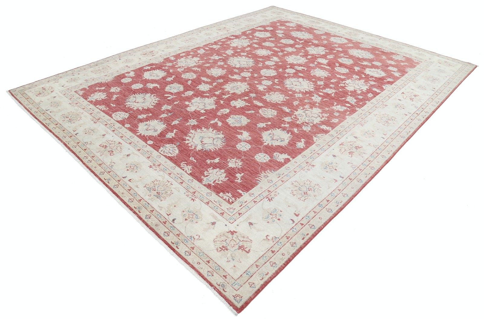 Tapis de sol turc noué à la main, motif floral, fond rouge et bordure ivoire, 2,72 x 3,51 m photo for sale