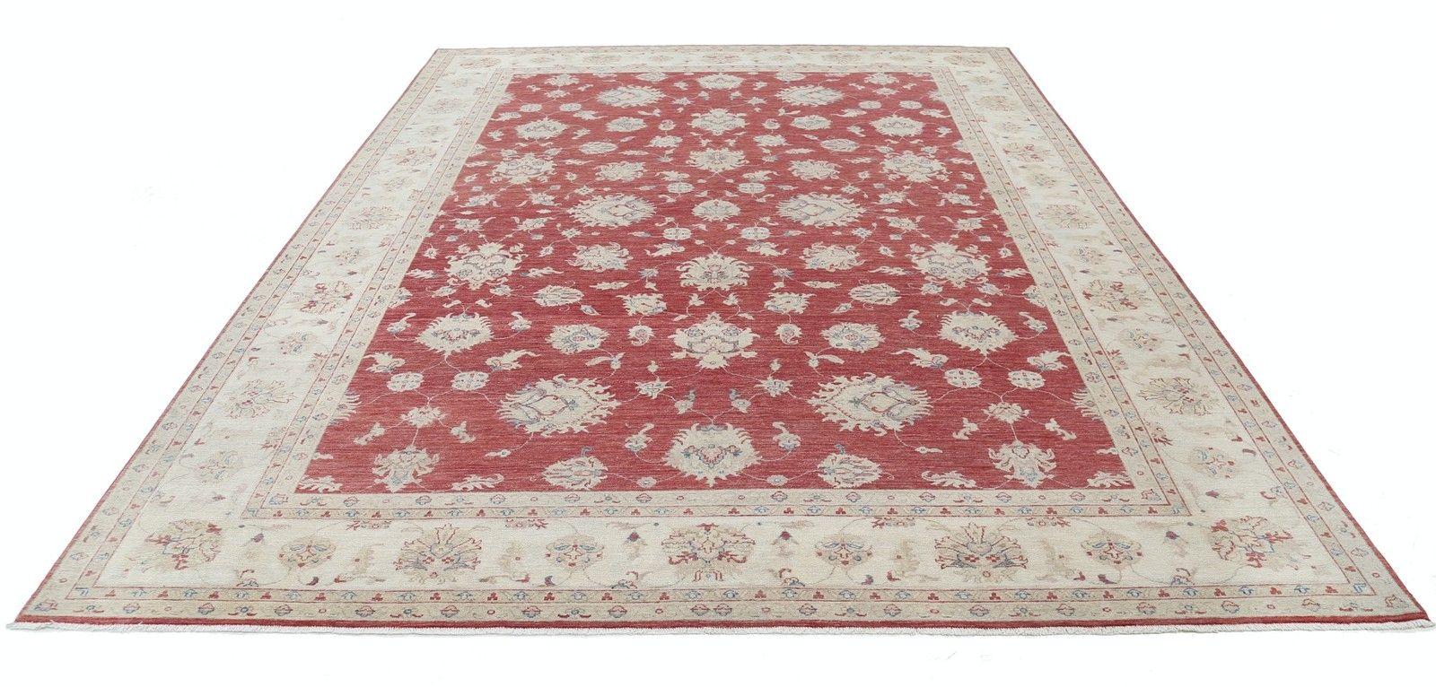 Tapis de sol turc noué à la main, motif floral, fond rouge et bordure ivoire, 2,72 x 3,51 m photo Textiles