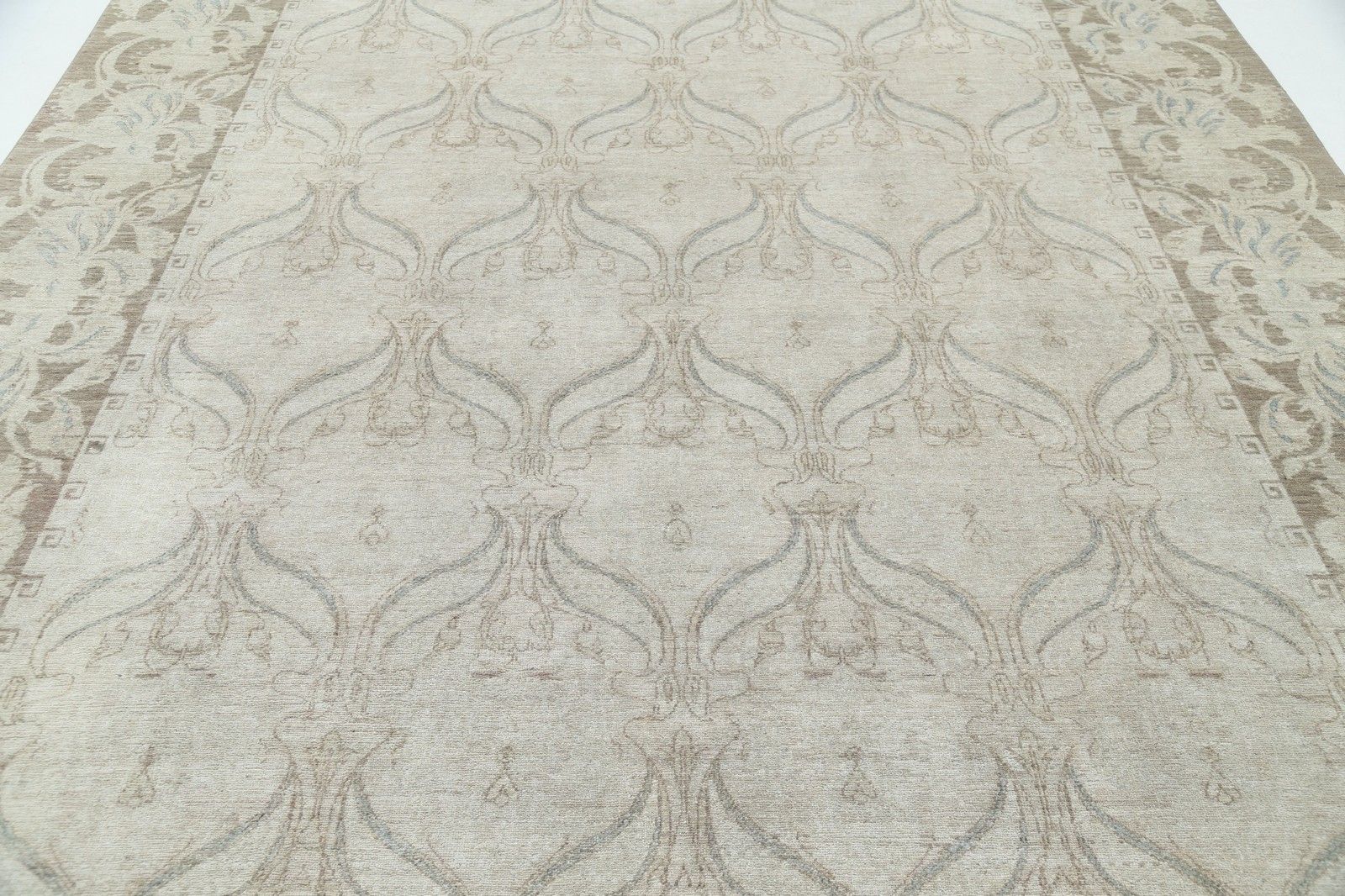 Tapis noué à la main, grand format 9 x 12 pi. Tapis beige pour salon. 100 % laine photo 5373.0