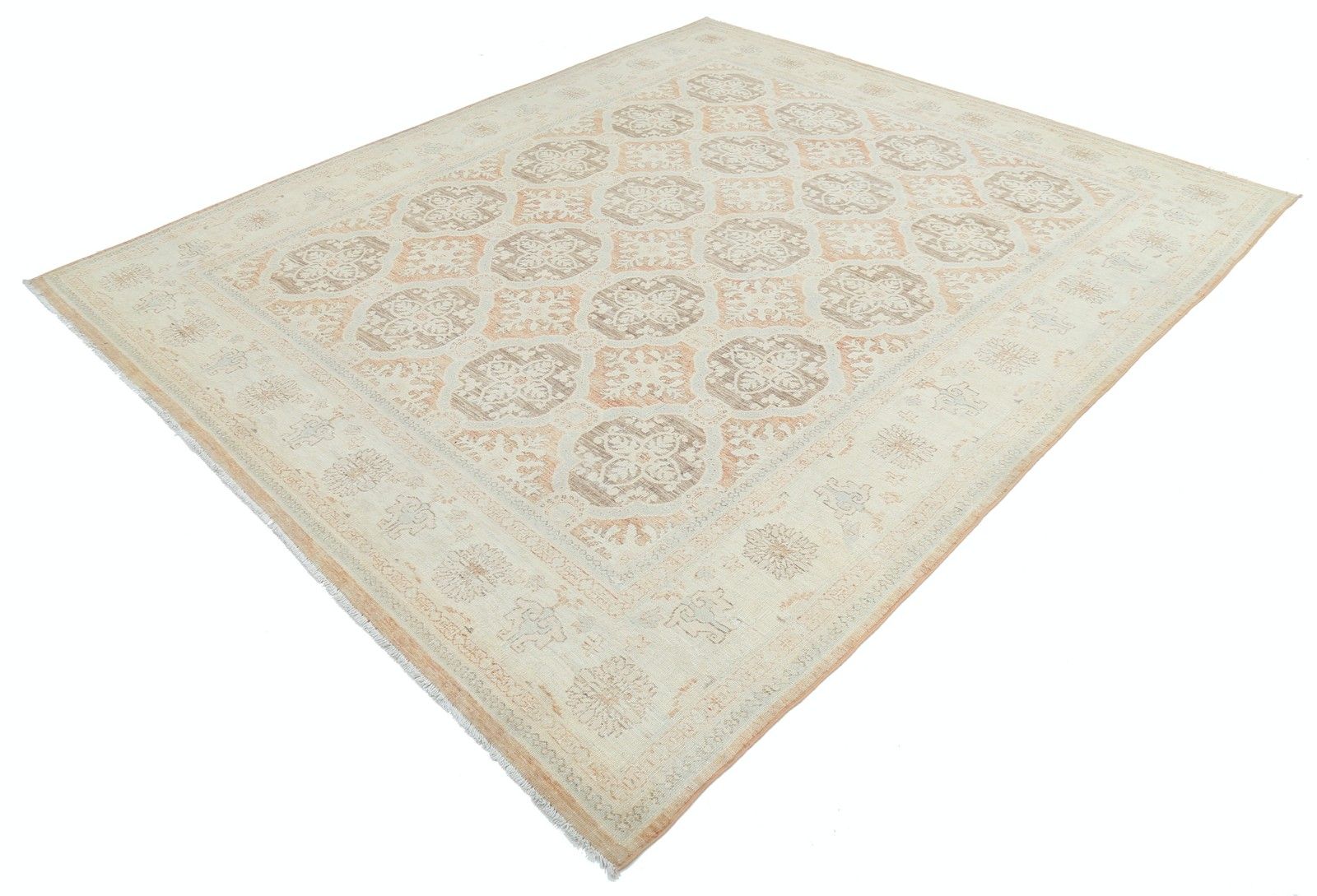 8x9,5 ft Handgeknoopt Beige, Grijs, Lichtroze Groot Vloerkleed. Trellis Dessin Tapijt photo for sale