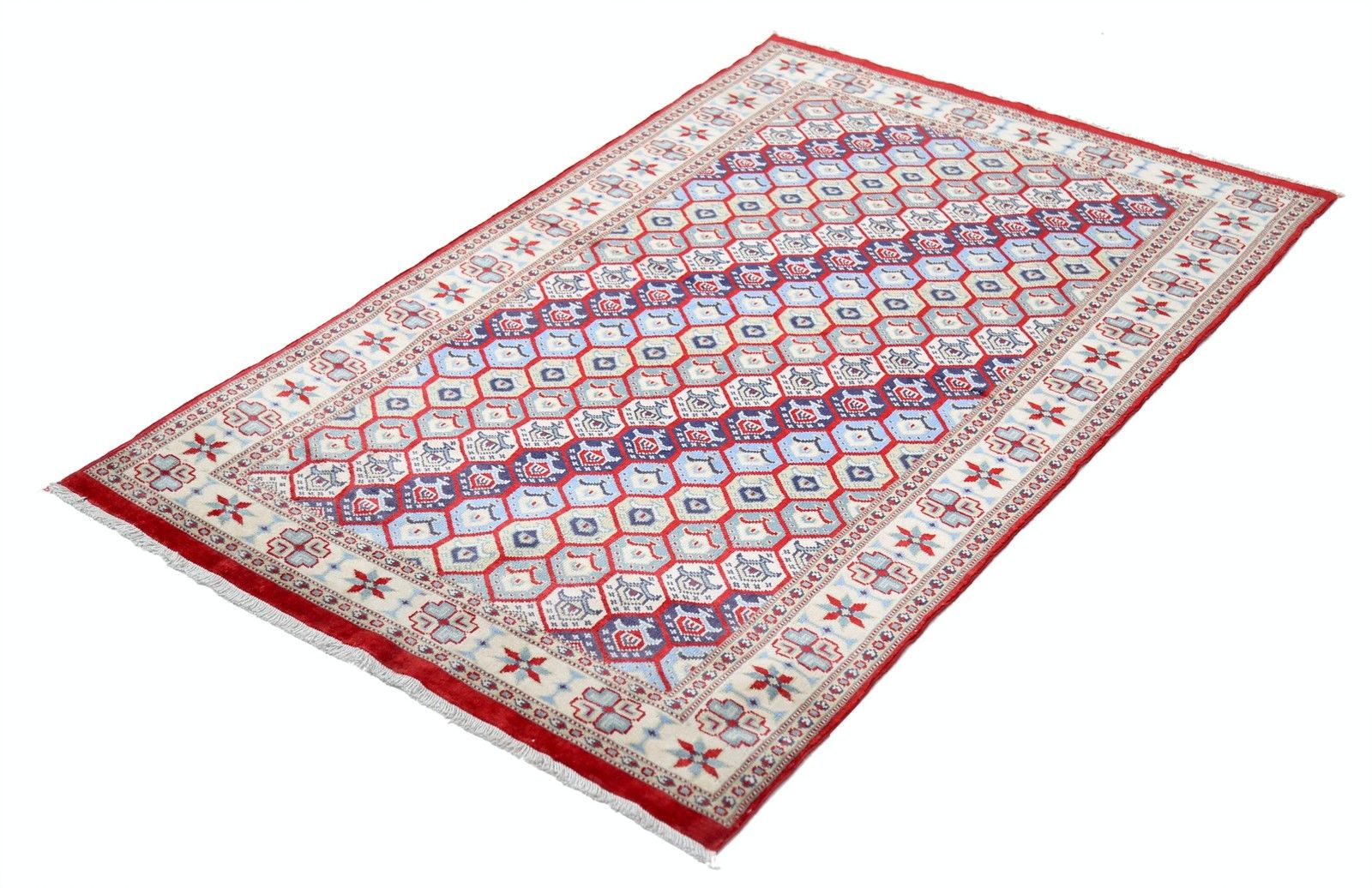 3,2x5 Ft Handgeknoopt Vloerkleed in Rood, Ivoor en Marineblauw met Hexagonaal Latwerk Dessin photo furniture