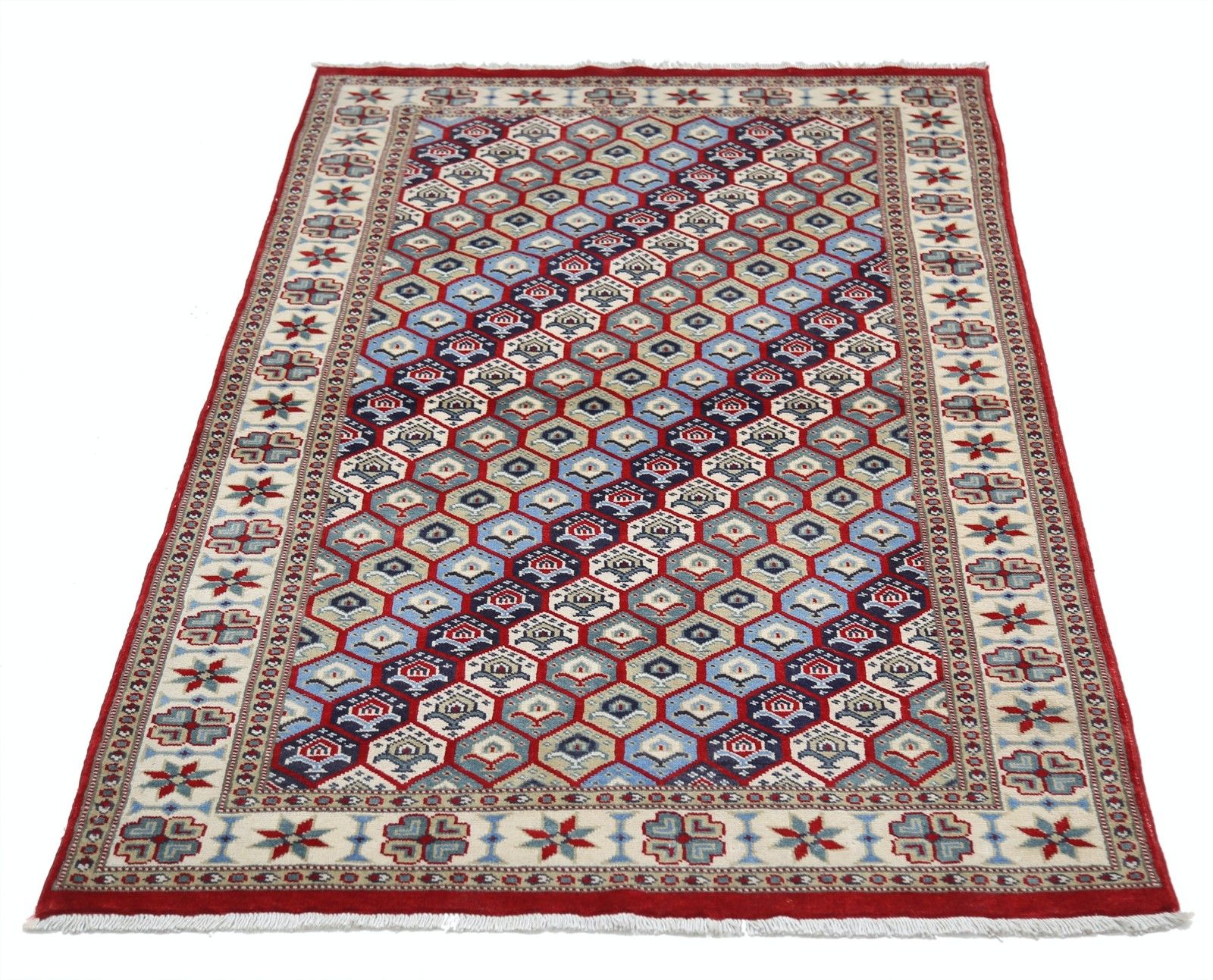 3,2x5 Ft Handgeknoopt Vloerkleed in Rood, Ivoor en Marineblauw met Hexagonaal Latwerk Dessin photo Textiel