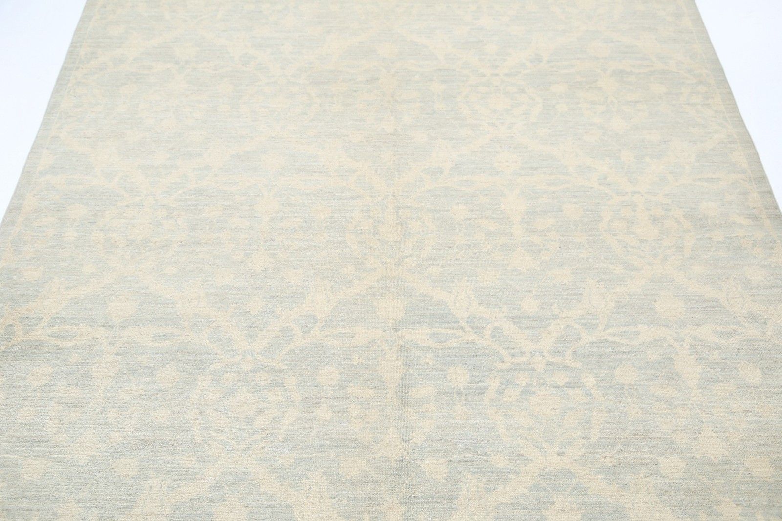 Tapis en laine fait main, bleu clair et ivoire, motif floral en treillis, 1,66 x 2,37 m photo 2061.0