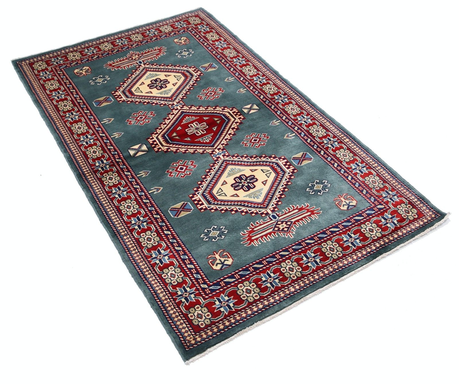 3x5 Ft Hand Knotted Slate Blue, Red, Ivory Tribal Accent Rug. Geometric Wool Rug photo furniture