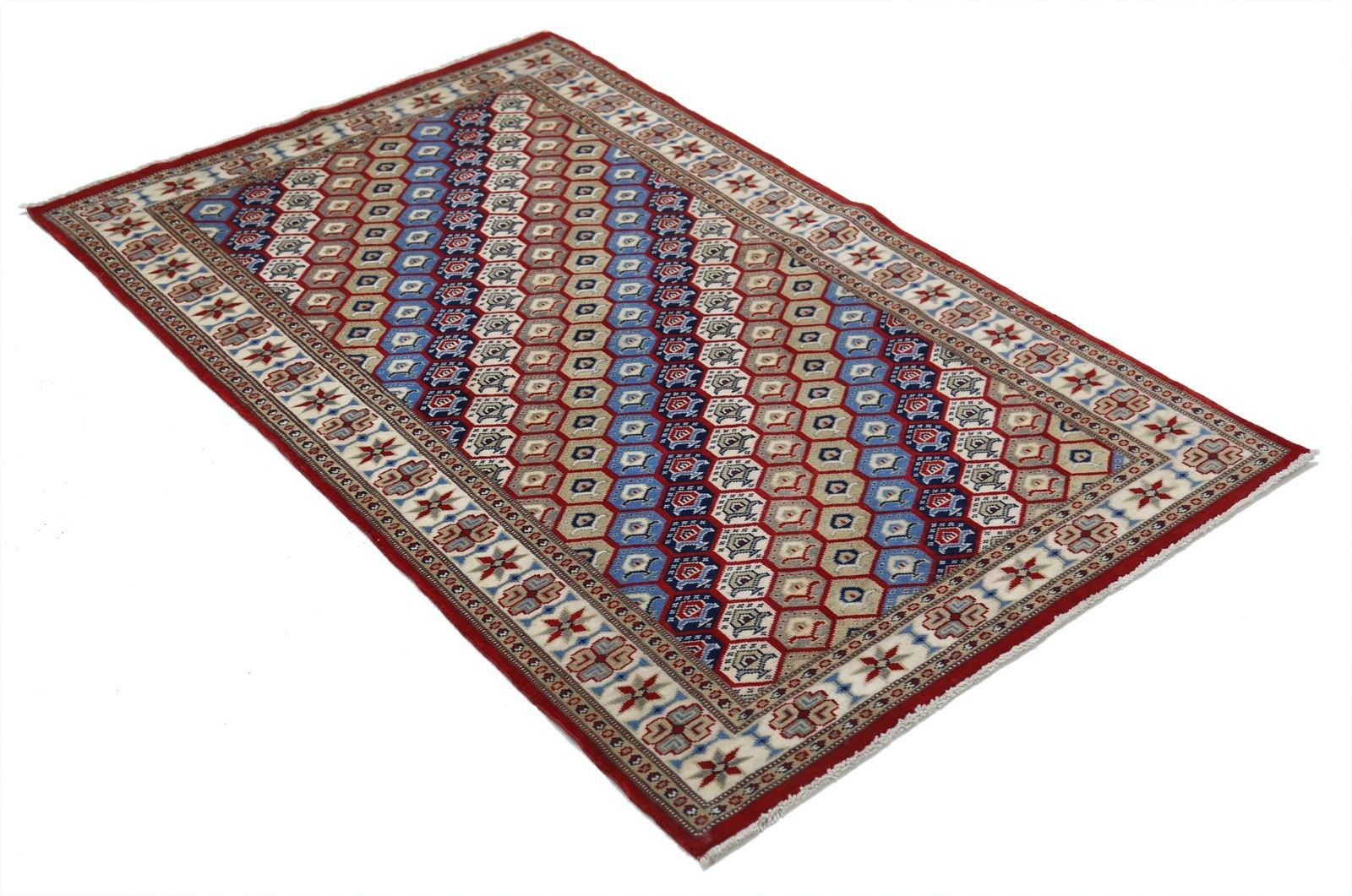 3.2x5 Ft Hand Knotted Red, Ivory, Navy Blue Area Rug With Hexagon Lattice Design photo for sale