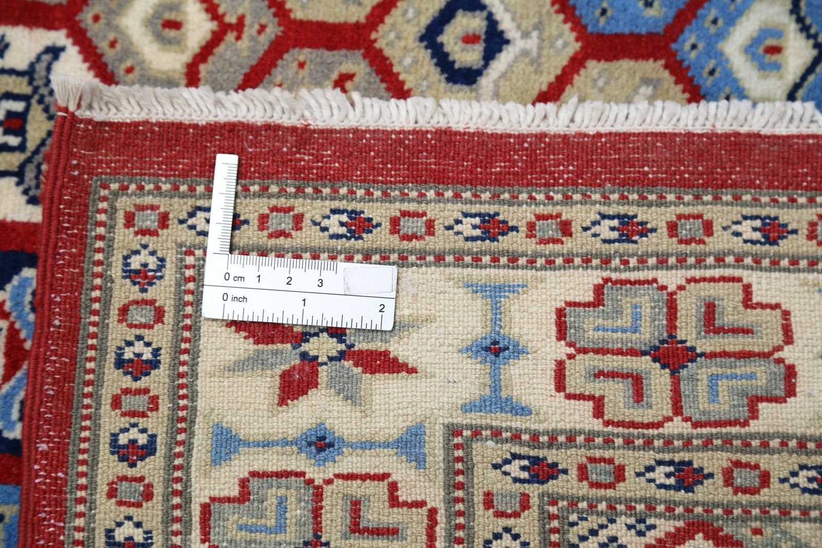 Tapis à motif de treillis hexagonal, noué à la main, rouge, ivoire et bleu marine, 97 x 153 cm photo buy