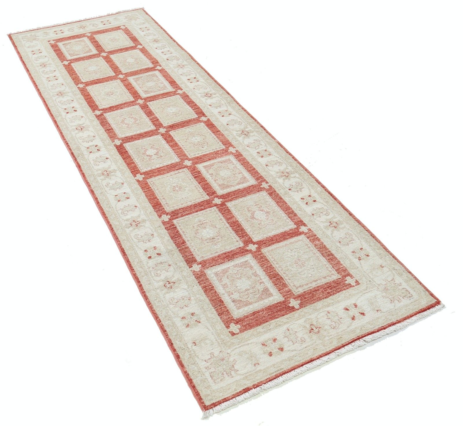 Tapis de couloir en laine, noué à la main, rouge et ivoire, 2,6 x 8 pi. Motif géométrique photo furniture