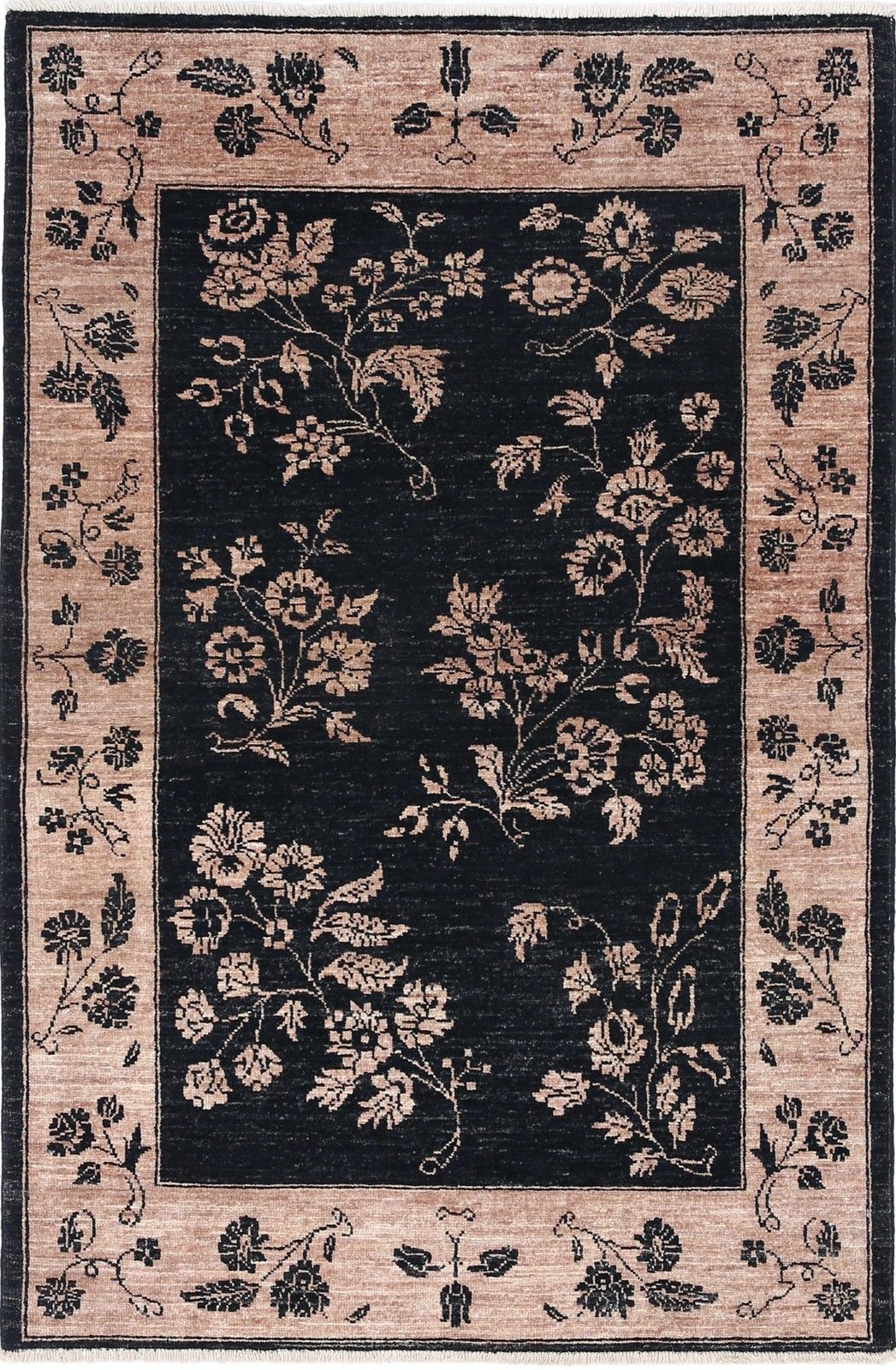 Tapis d'appoint noué à la main, noir et rose poudré, 97 x 150 cm. Tapis Oushak à motifs floraux