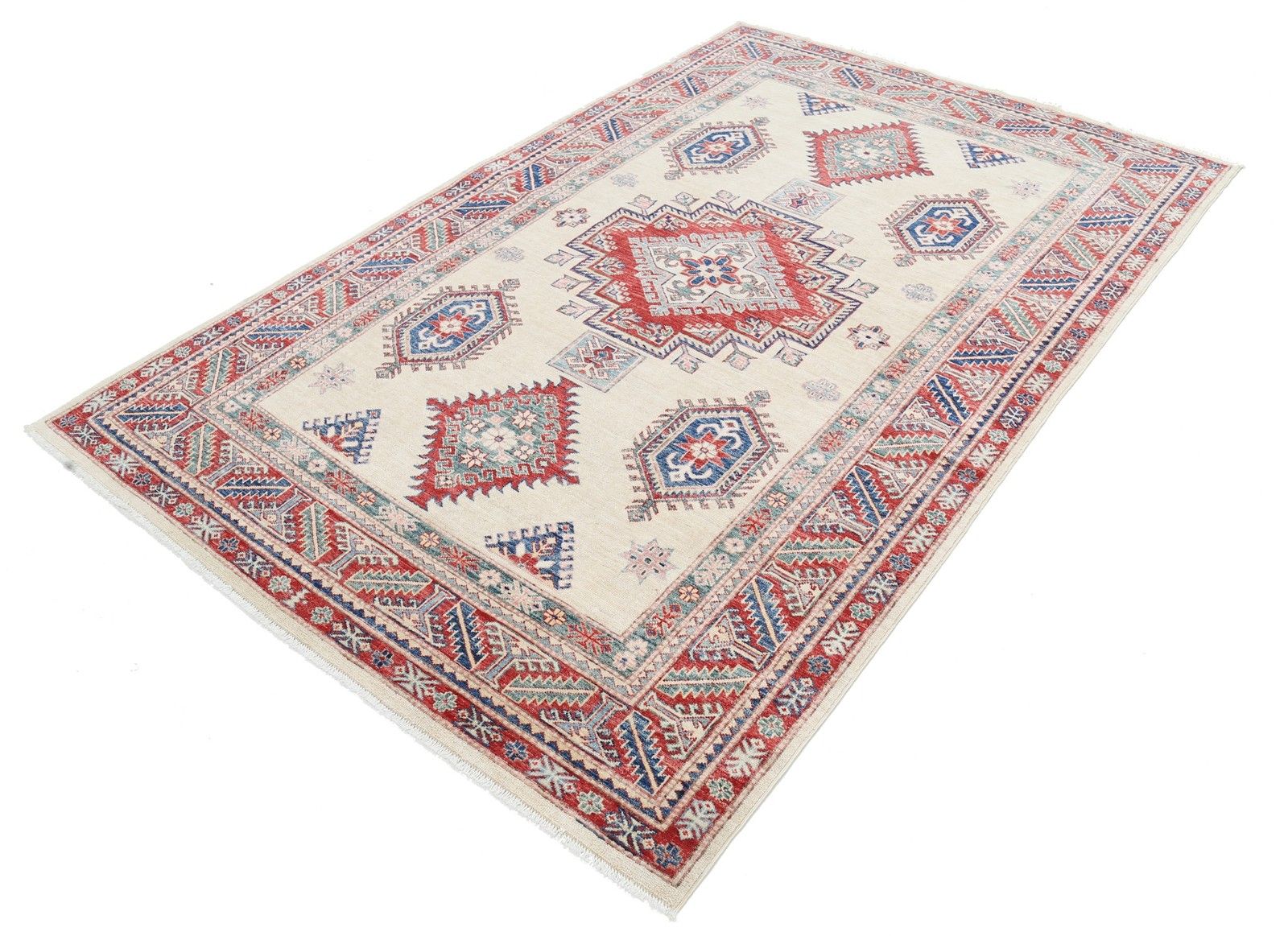 5.5x8.3 Ft Hand Knotted Red, Ivory, Navy Blue Rug. Turkish Geometric Design Rug photo for sale