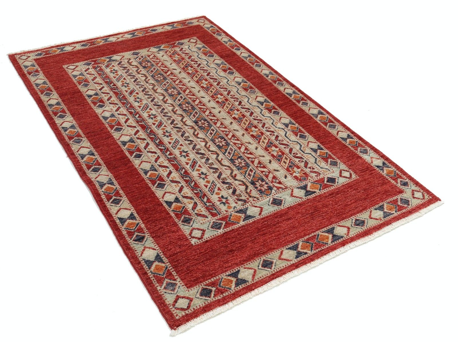 Tapis artisanal 4 x 6,2 ft, rouge, ivoire, bleu marine et orange, à motifs géométriques photo furniture