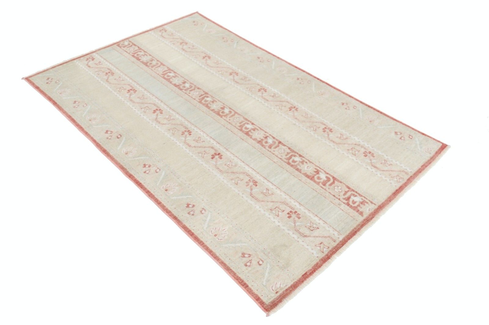 3,8x5,8 ft Handgeknoopt Beige en Rood Vloerkleed. Turks Accent Kleed met Streepsmotief photo furniture