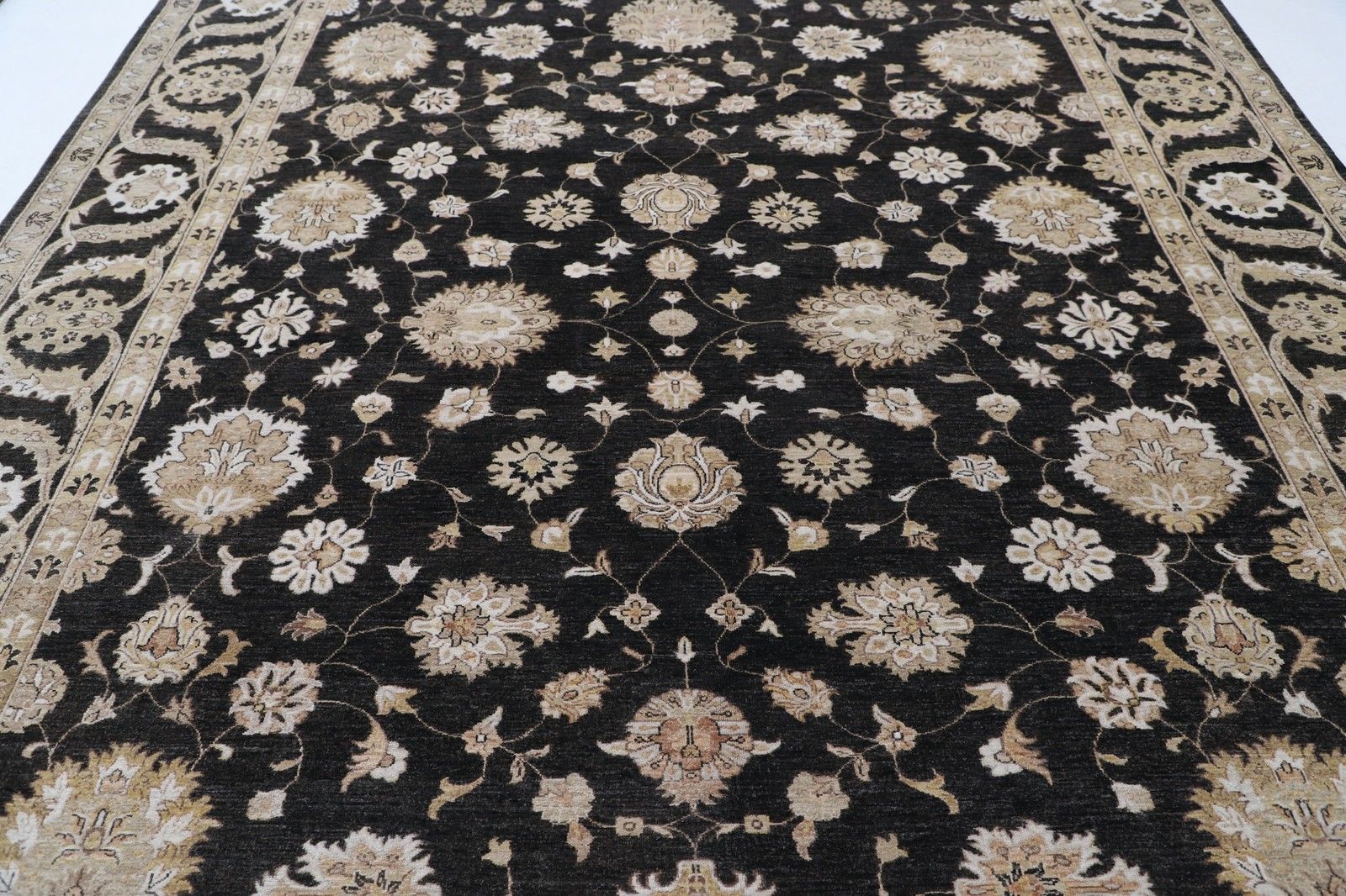 9.6x12.4 Ft Hand Knotted Wool Area Rug In Black And Ivory. Floral Oushak Carpet photo for sale