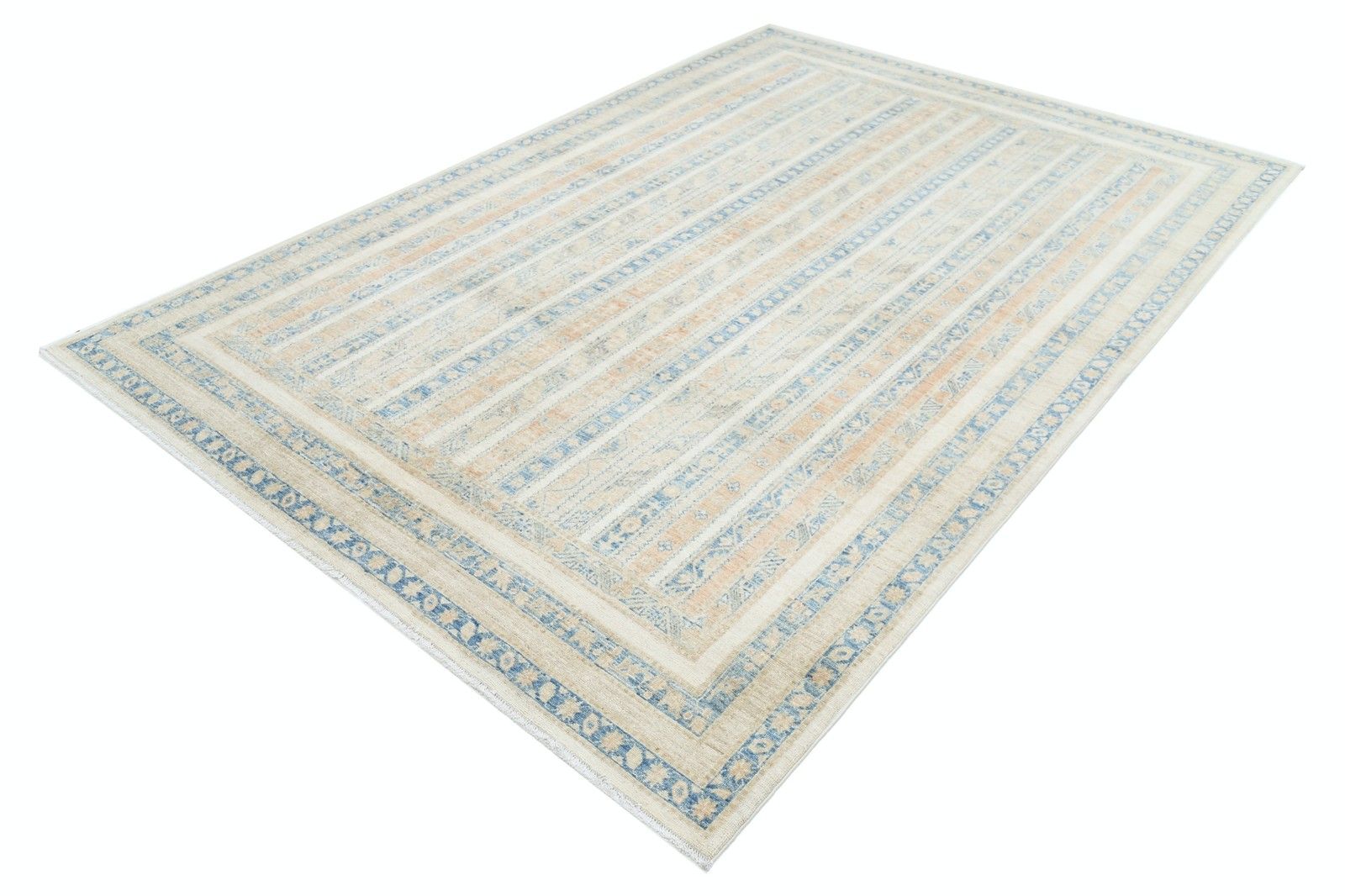 2,0 x 3,0 m Handgeknoopt Vloerkleed in Lichtblauw en Beige met Gestreept Geometrisch Dessin photo for sale