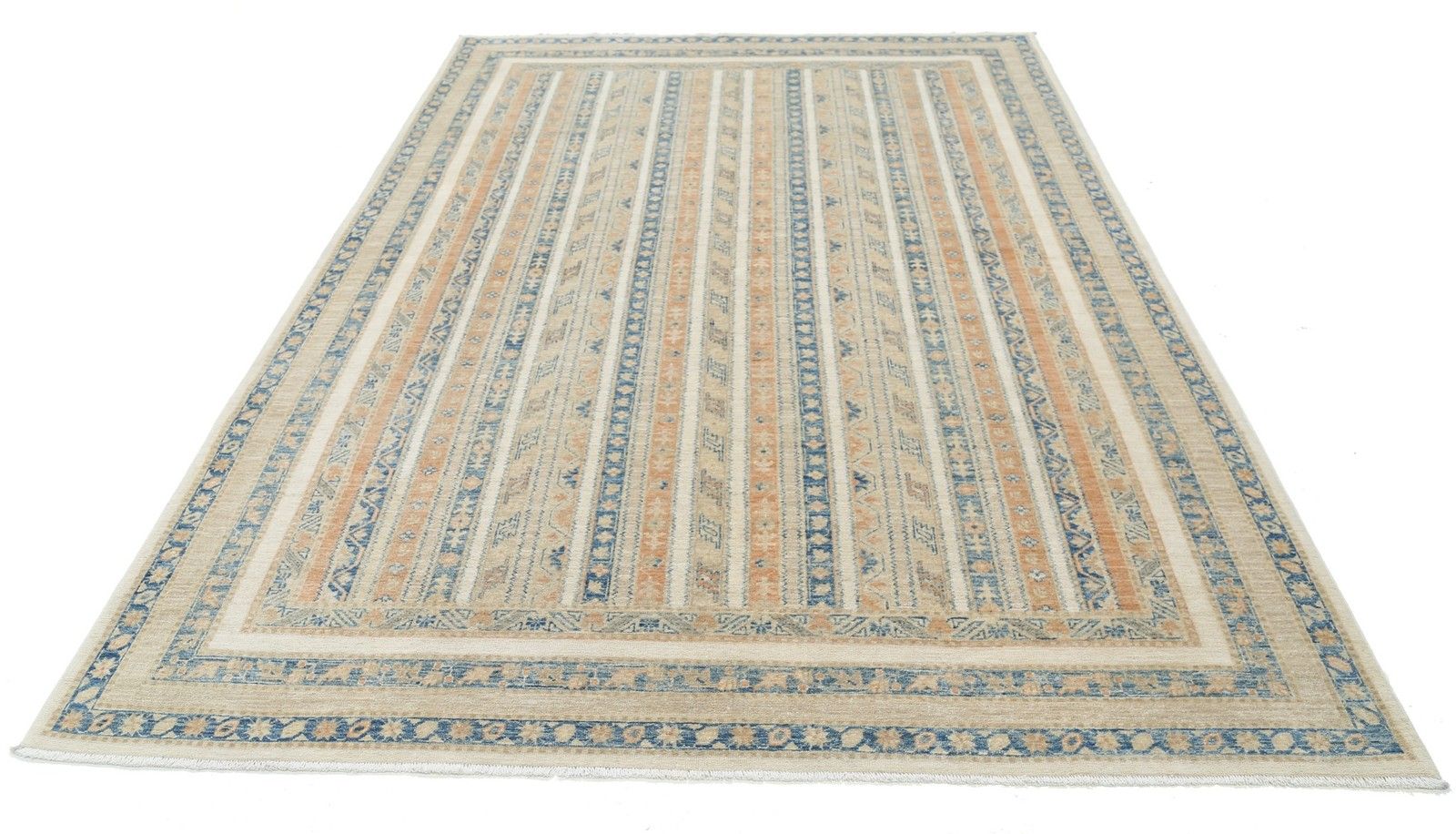 Tapis noué à la main bleu clair et beige à motif géométrique rayé, 2,01 x 2,96 m photo Textiles