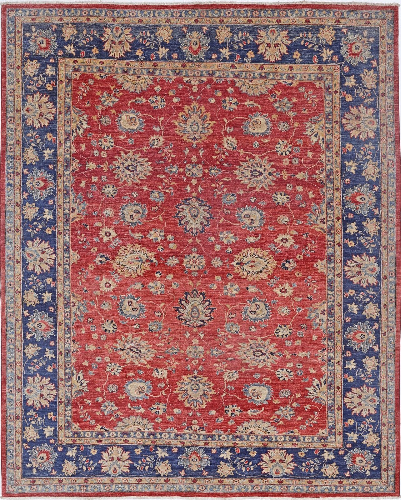 Tapis noué à la main 252 x 308 cm, bleu marine et rouge, motifs floraux en laine