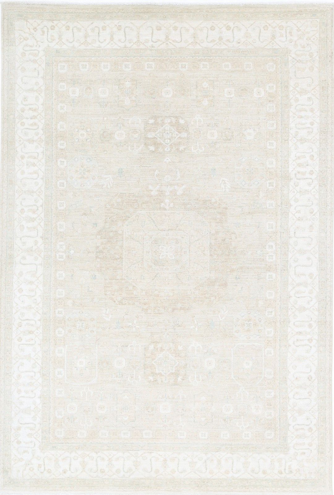 6.5x9.7 Ft Hand Knotted Area Rug For Home Decor. 100% Wool Beige Carpet