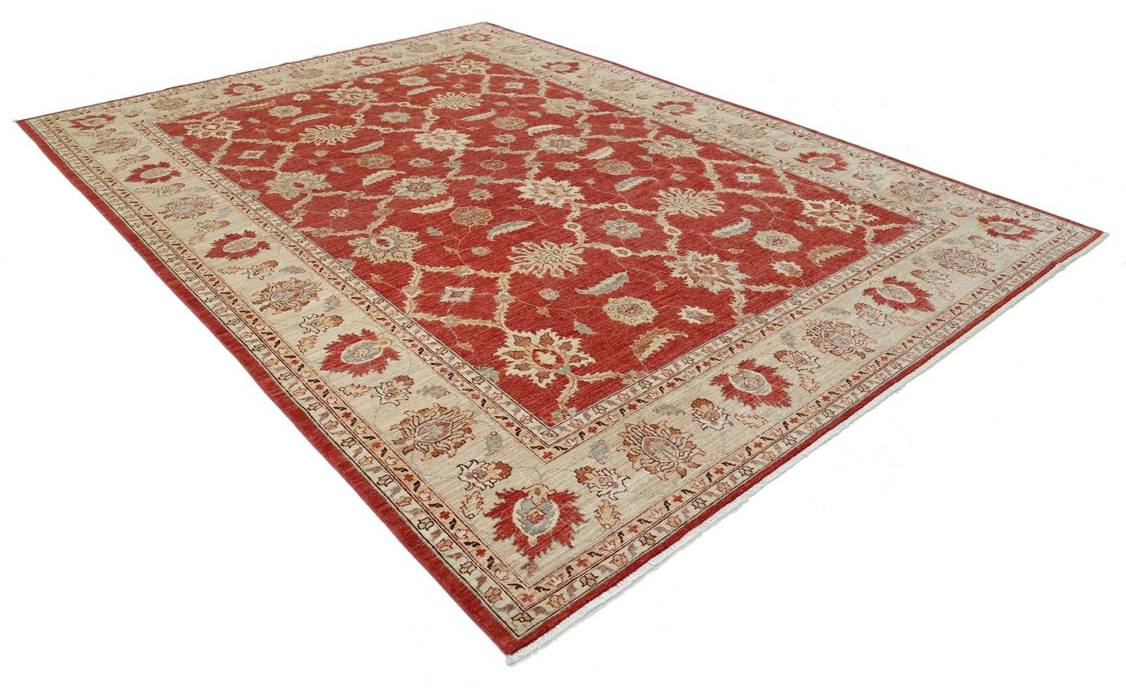 Tapis à motifs floraux noué à la main, 9 x 12,2 pi, en beige et rouge. Tapis traditionnel en laine photo furniture
