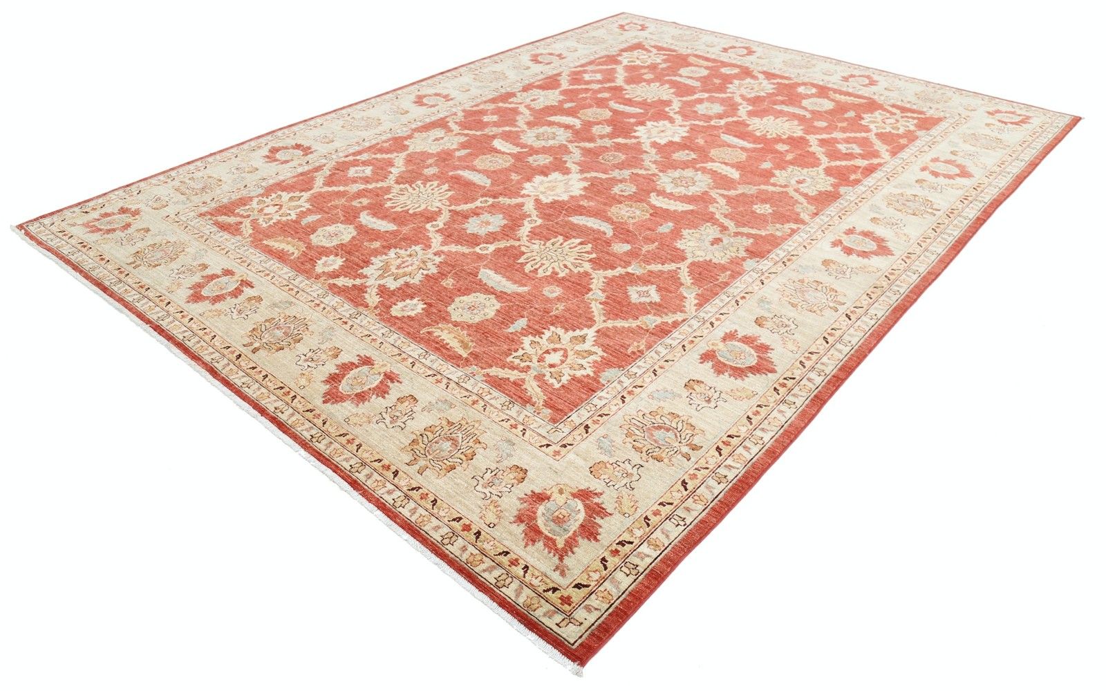 Tapis à motifs floraux noué à la main, 9 x 12,2 pi, en beige et rouge. Tapis traditionnel en laine photo for sale