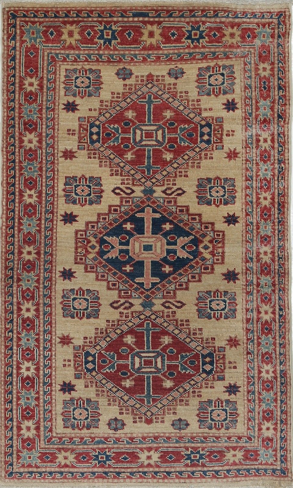 2.3x4 Ft Hand Knotted Ivory, Red, Blue Wool Area Rug. Geometric Medallion Design
