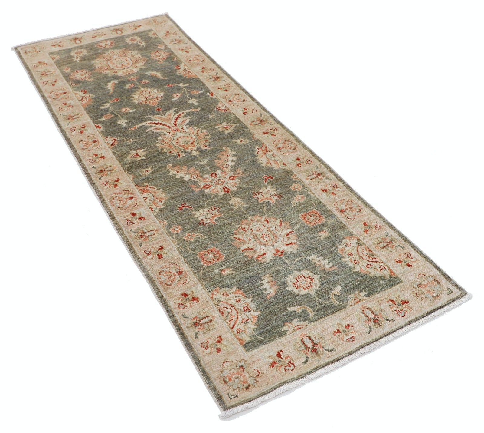 2.6x6.6 Ft Handmade Sage Green, Ivory, Red Wool Runner Rug. Floral Corridor Rug photo furniture