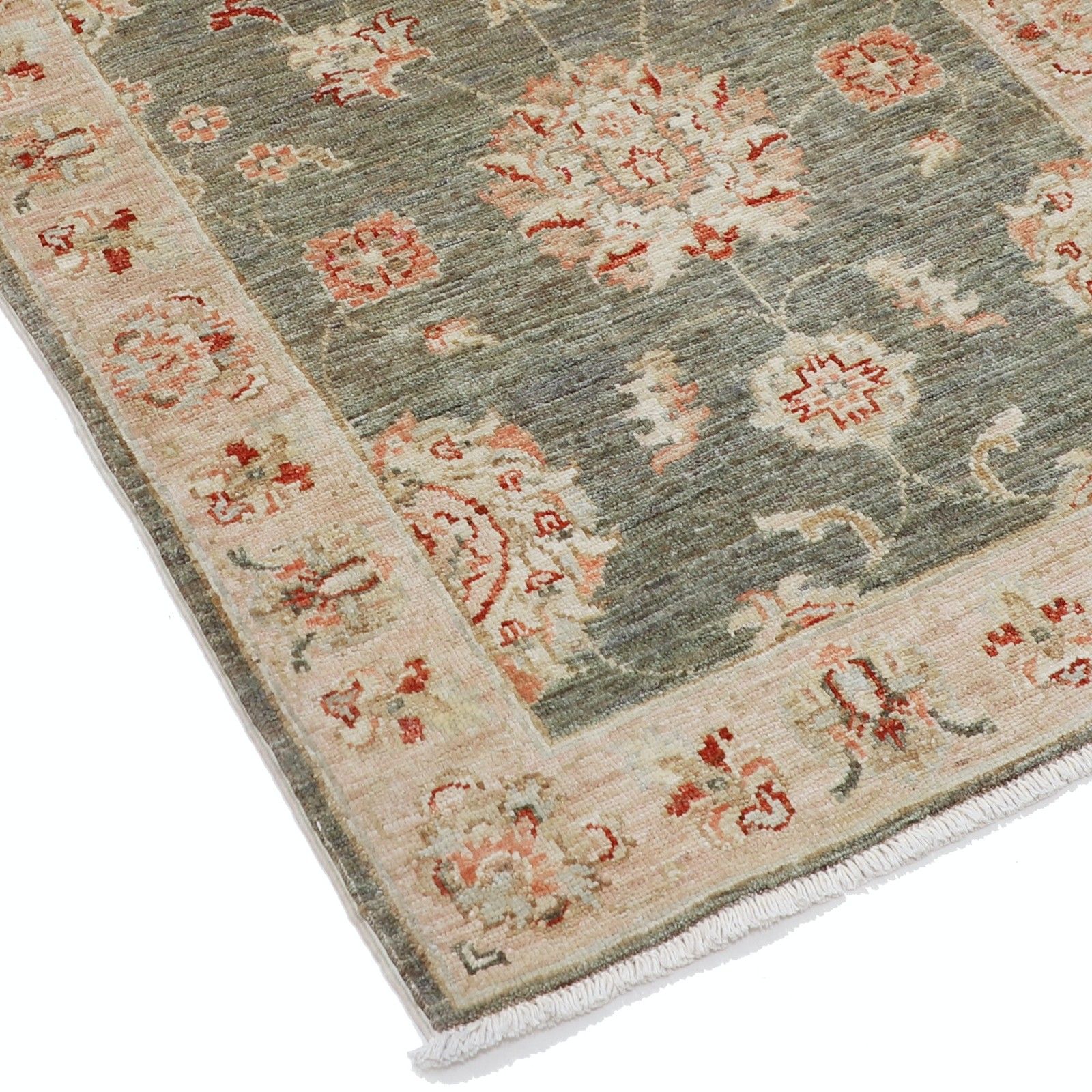 2,6x6,6 ft handgemaakt saliegroen, ivoor en rood wollen loperkleed. Bloemen corridorkleed photo vinterior