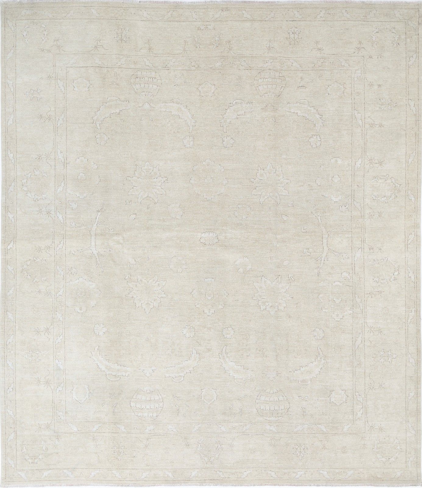 2,47 x 2,85 m Handgeknoopt Beige Wollen Vloerkleed. Traditioneel Bloemmotief Tapijt