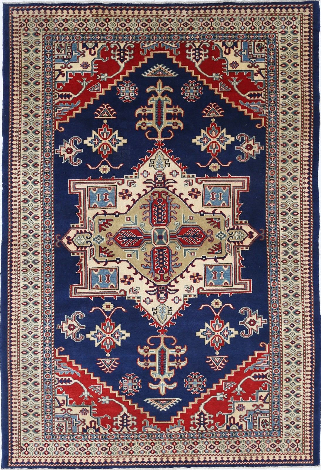 4.2x6.2 Ft Handknotted Red, Beige, Blue Area Rug With Geometric Medallion Design