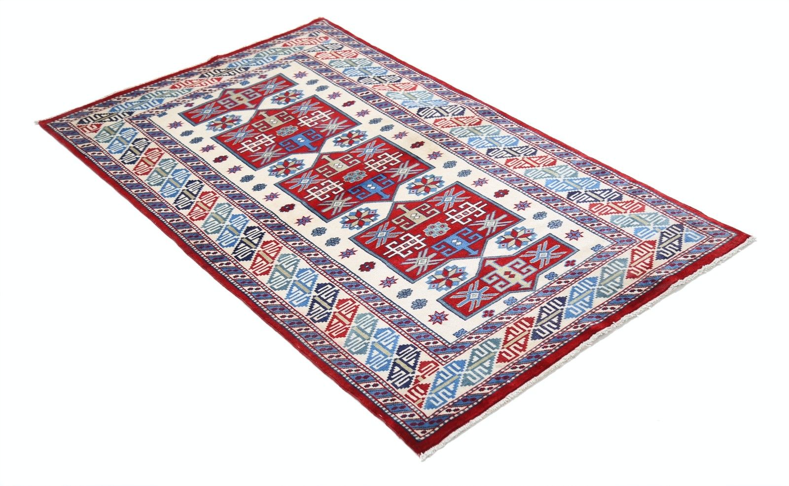 Tapis en laine noué à la main, ivoire, rouge et bleu, 92 x 155 cm. Tapis d'accent à motifs tribaux photo for sale