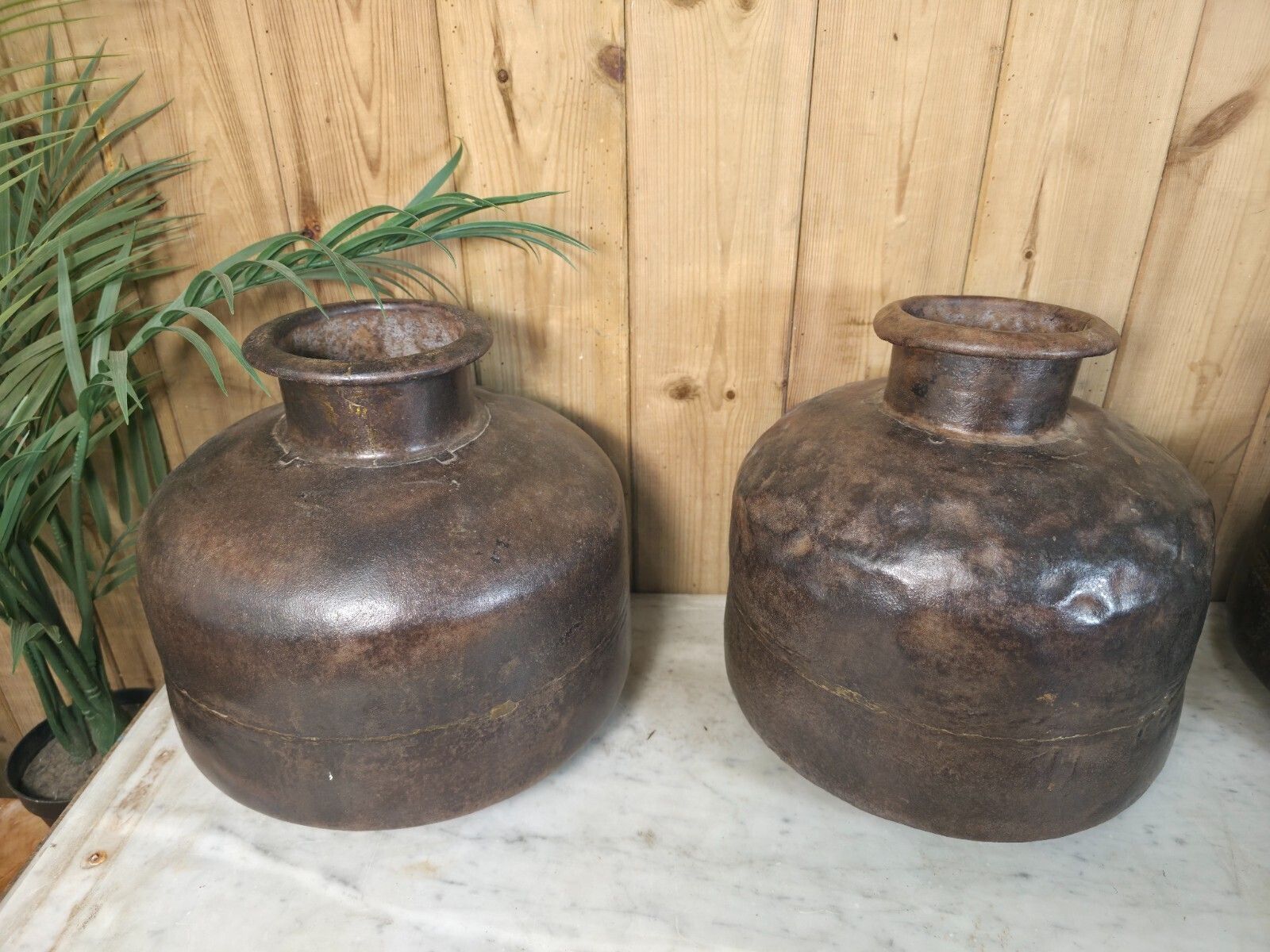 Old Vintage Rustic Wabi Sabi Heavy Duty Metal Iron Indian Water Pot Vase Carrier photo furniture