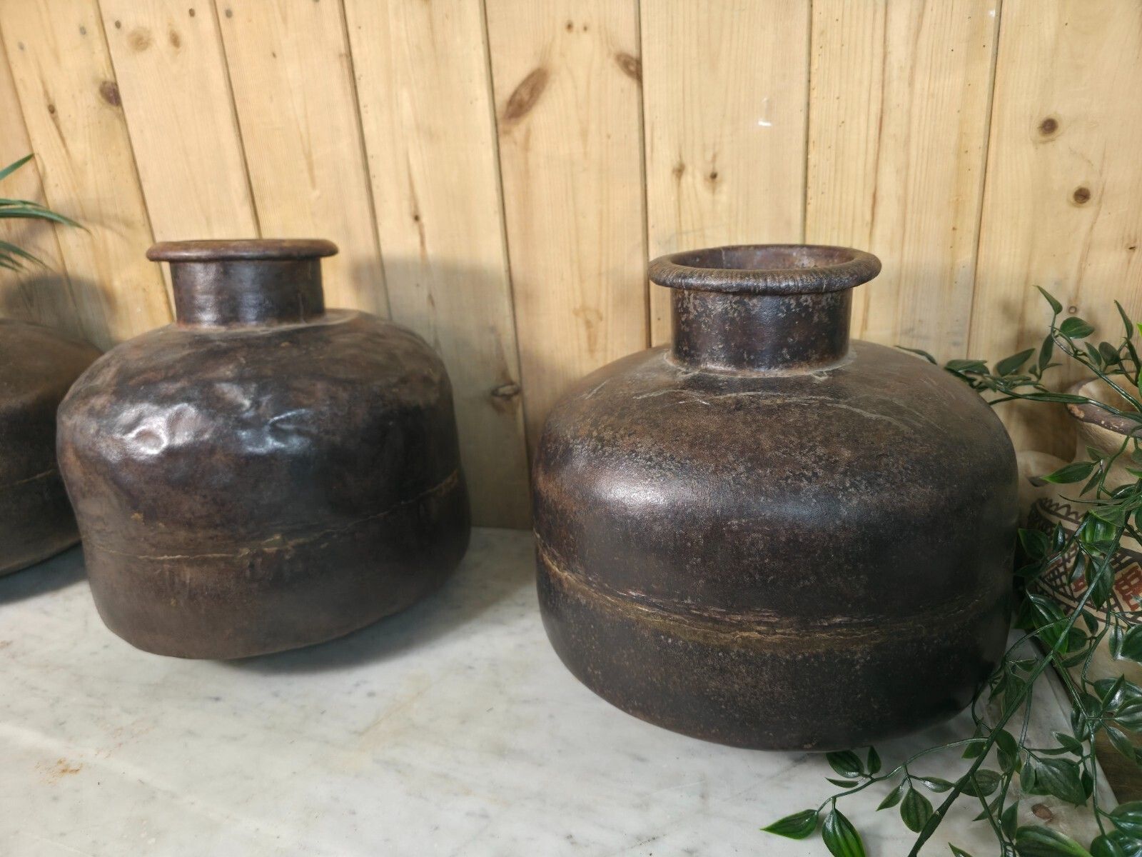 Old Vintage Rustic Wabi Sabi Heavy Duty Metal Iron Indian Water Pot Vase Carrier photo for sale
