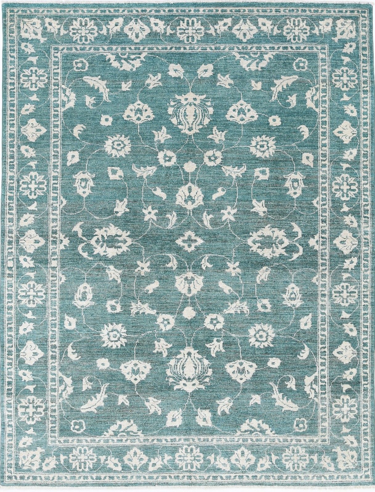 5,7x7,6 ft Handgeknoopt Groen Wollen Oushak Vloerkleed met Allover Bloemmotief