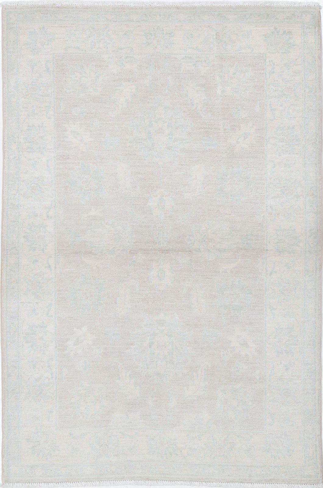 3x4,8 ft handgeknoopt wollen vloerkleed in beige en lichtblauw met bloemmotief