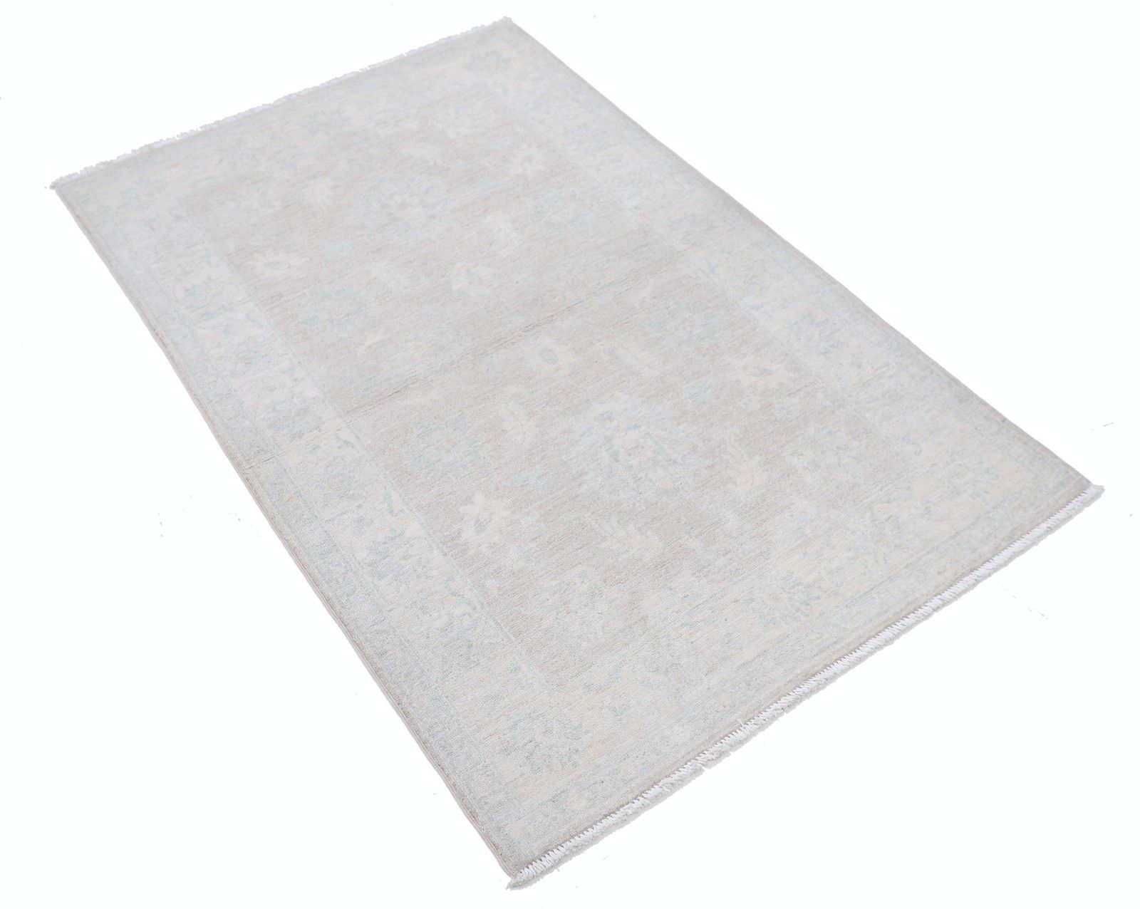 Tapis en laine noué à la main, beige et bleu clair, motif floral, 0,9 x 1,5 m photo furniture