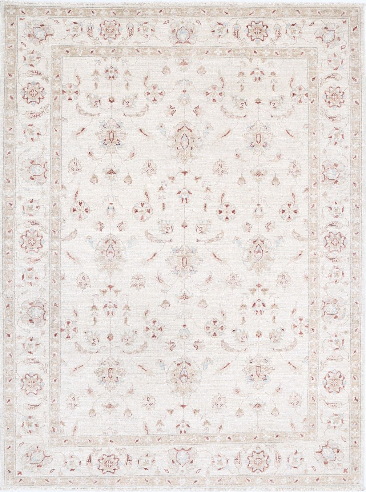 5.7x7.6 Ft Hand Knotted Oushak Wool Rug. Beige Turkish Carpet With Floral Design