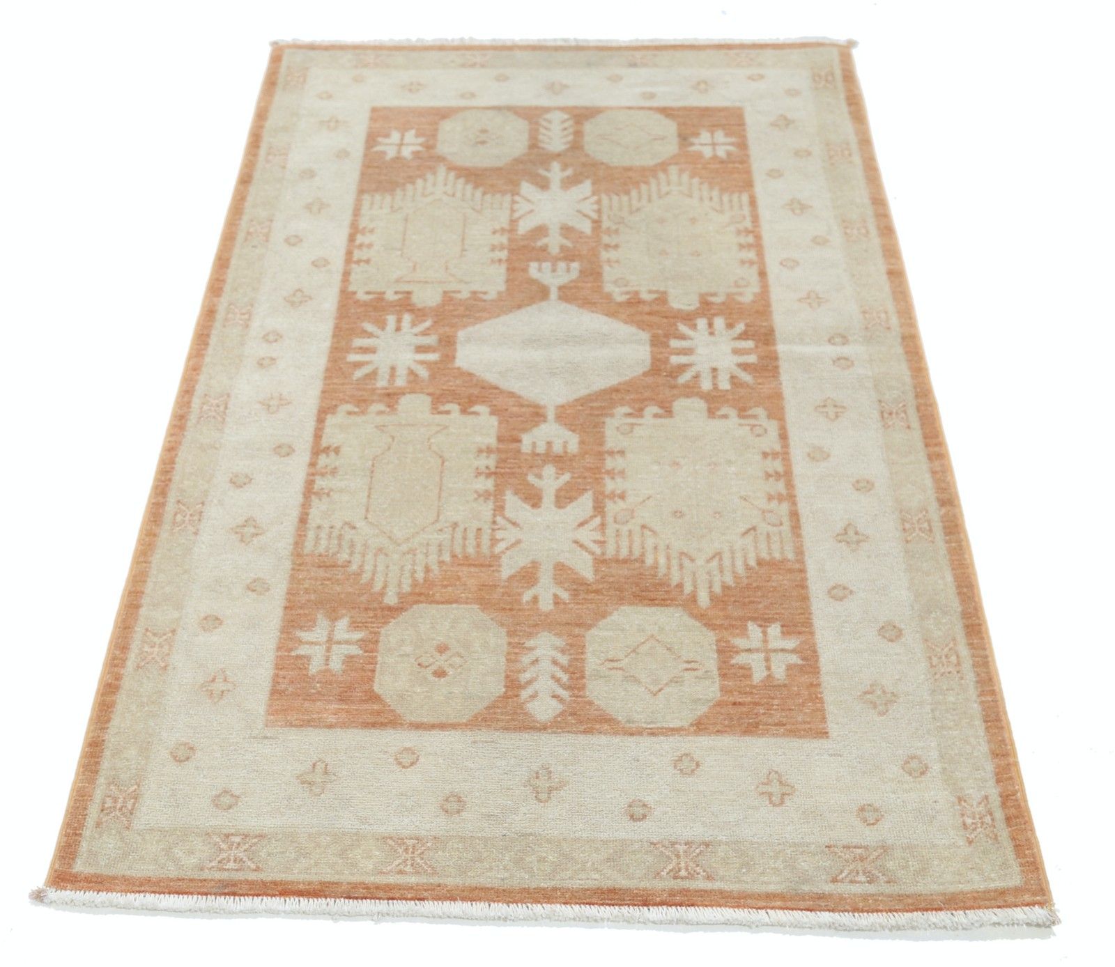 3x5 Ft Hand Knotted Beige, Red Wool Area Rug. Turkish Tribal Motif Accent Rug photo Textiles