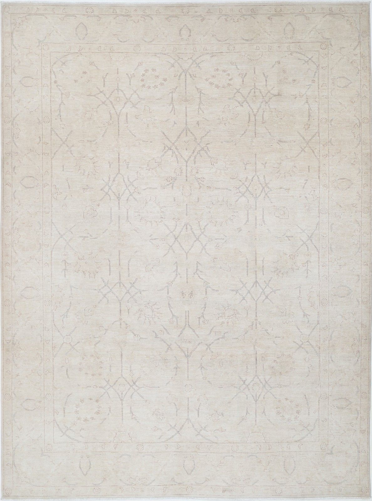 9x12.2 Ft Hand Knotted Large Area Rug For Living Room. Beige Wool Carpet