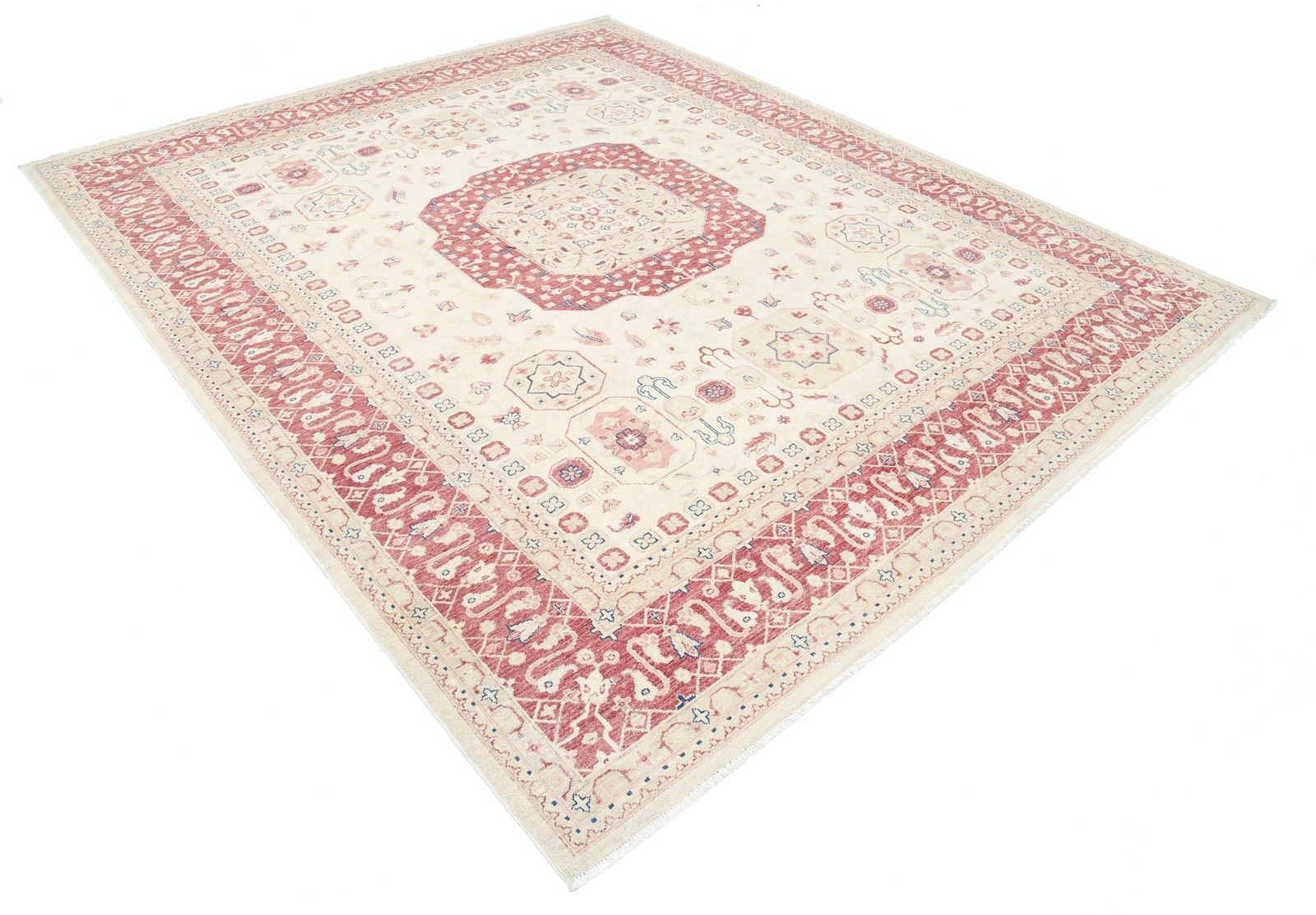 Grand tapis en laine noué à la main, beige et rouge, motif médaillon - 2,44 x 2,93 m (8 x 9,7 pi) photo furniture