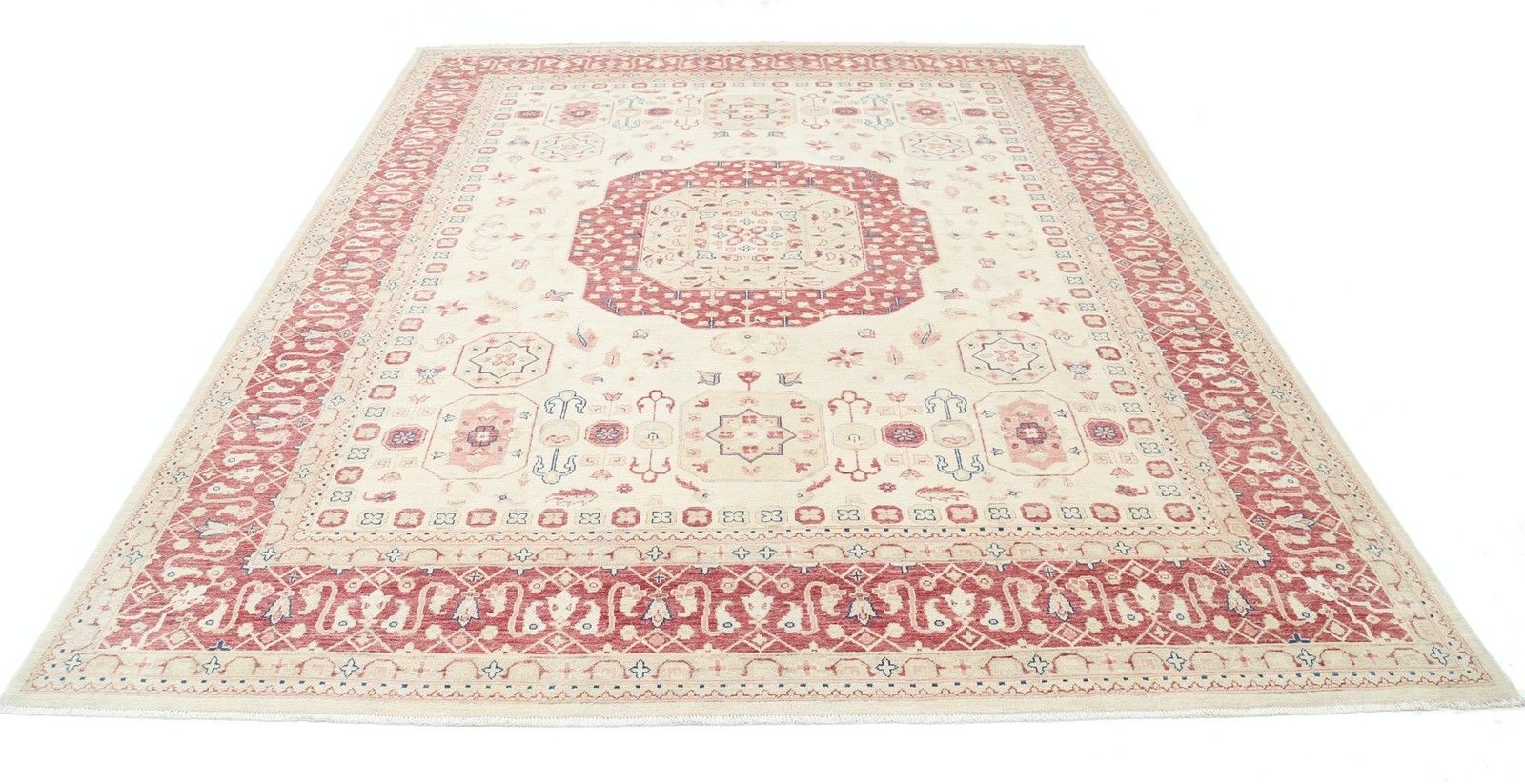 8x9.7 Ft Hand Knotted Beige, Red Large Wool Area Rug With Medallion Design photo Textiles