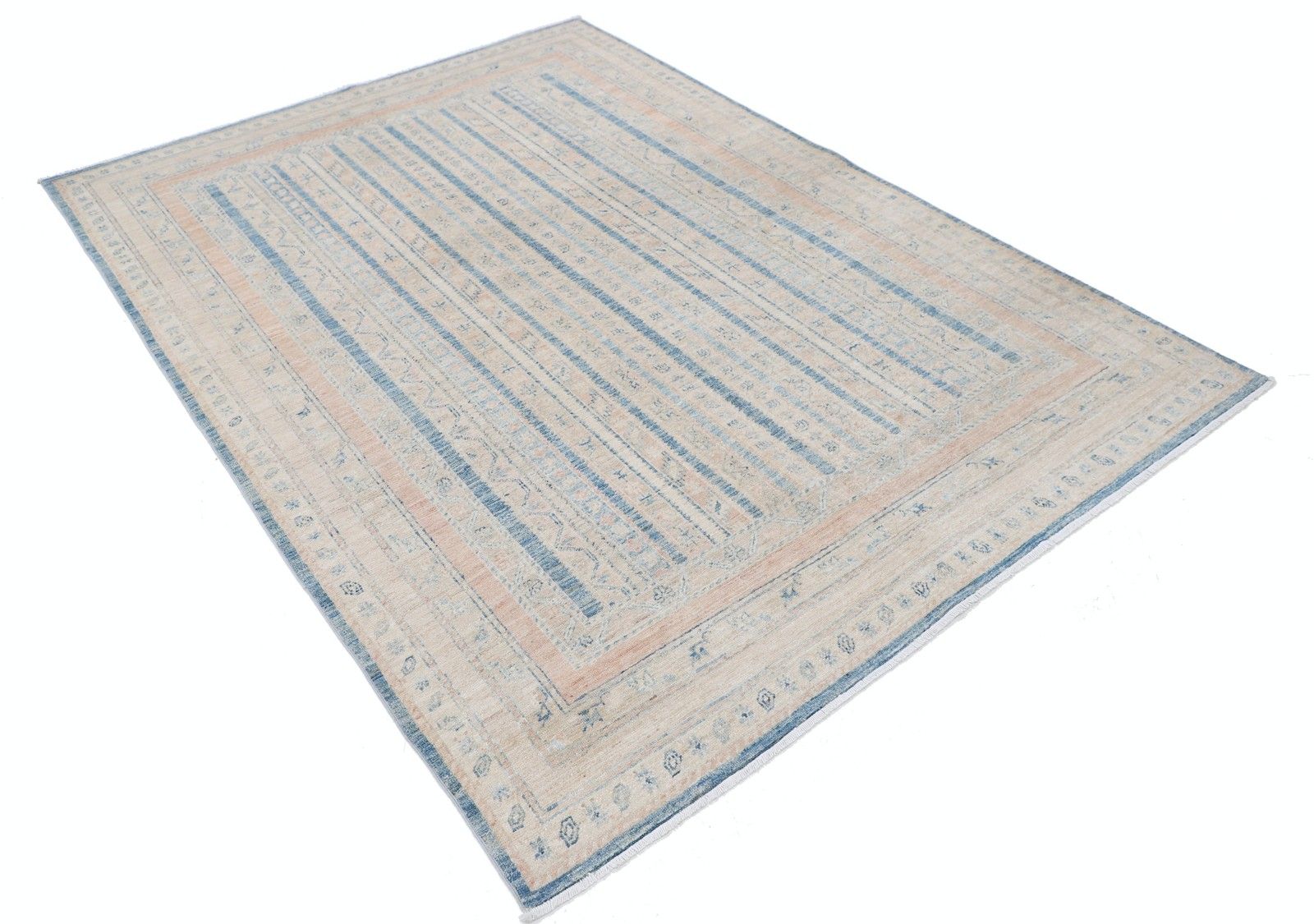 5,6x7,7 ft handgeknoopt vloerkleed, lichtblauw en beige, gestreept geometrisch patroon photo furniture