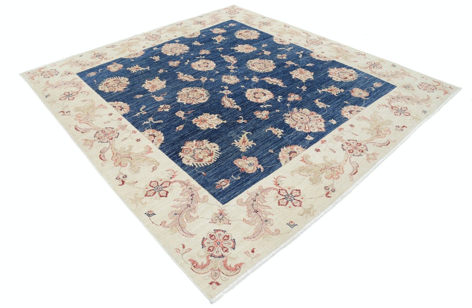 8x8.6 Ft Hand Knotted Square Oushak Wool Area Rug. Navy Blue, Beige Carpet photo furniture