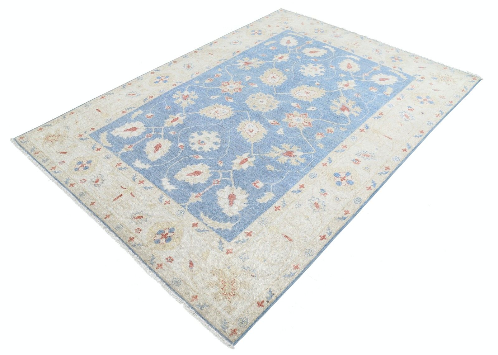 5,6x7,7 ft Handgeknoopt Floraal Oushak Vloerkleed in Blauw en Ivoor. 100% Wol photo for sale