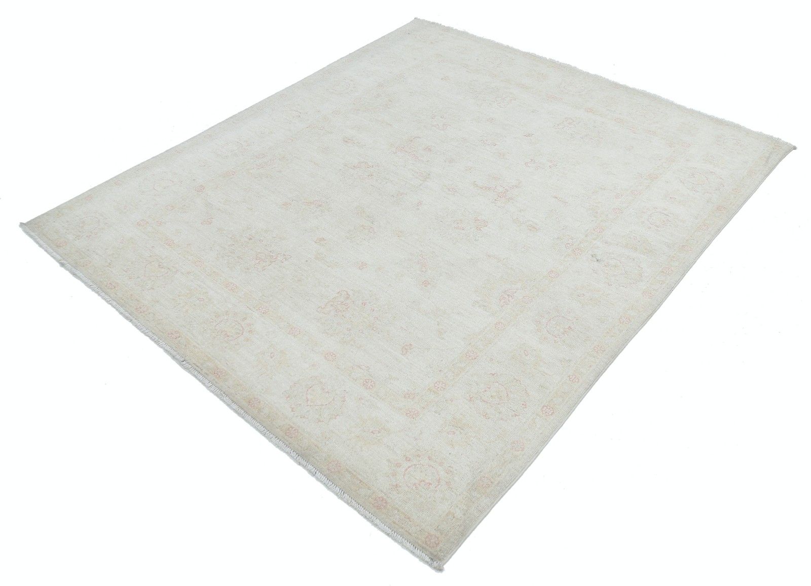 5,4x6,2 ft Handgeknoopt Beige Wollen Oushak Vloerkleed met Allover Bloemmotief photo for sale