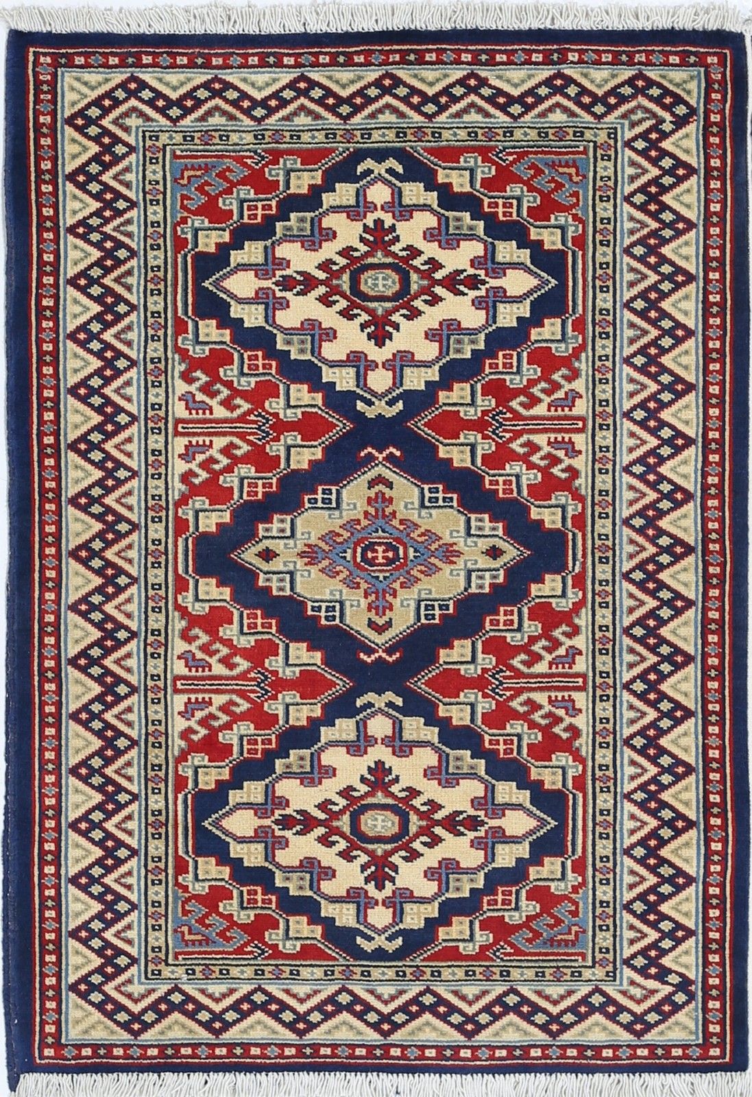 2.2x3 Ft Handknotted Navy, Red, Ivory Accent Rug With Geometric Medallion Design